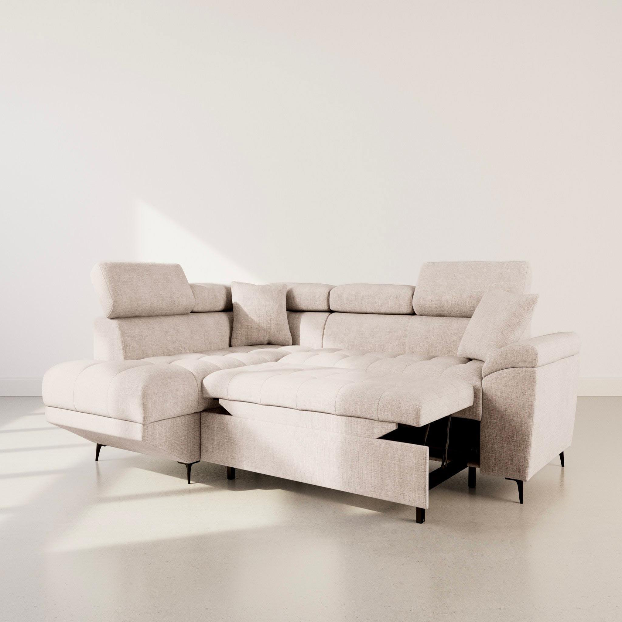 Voir la diapositive 4 : BEST MOBILIER Camille - canapé d'angle gauche 5 places convertible avec têtières et coffre en velours texturé