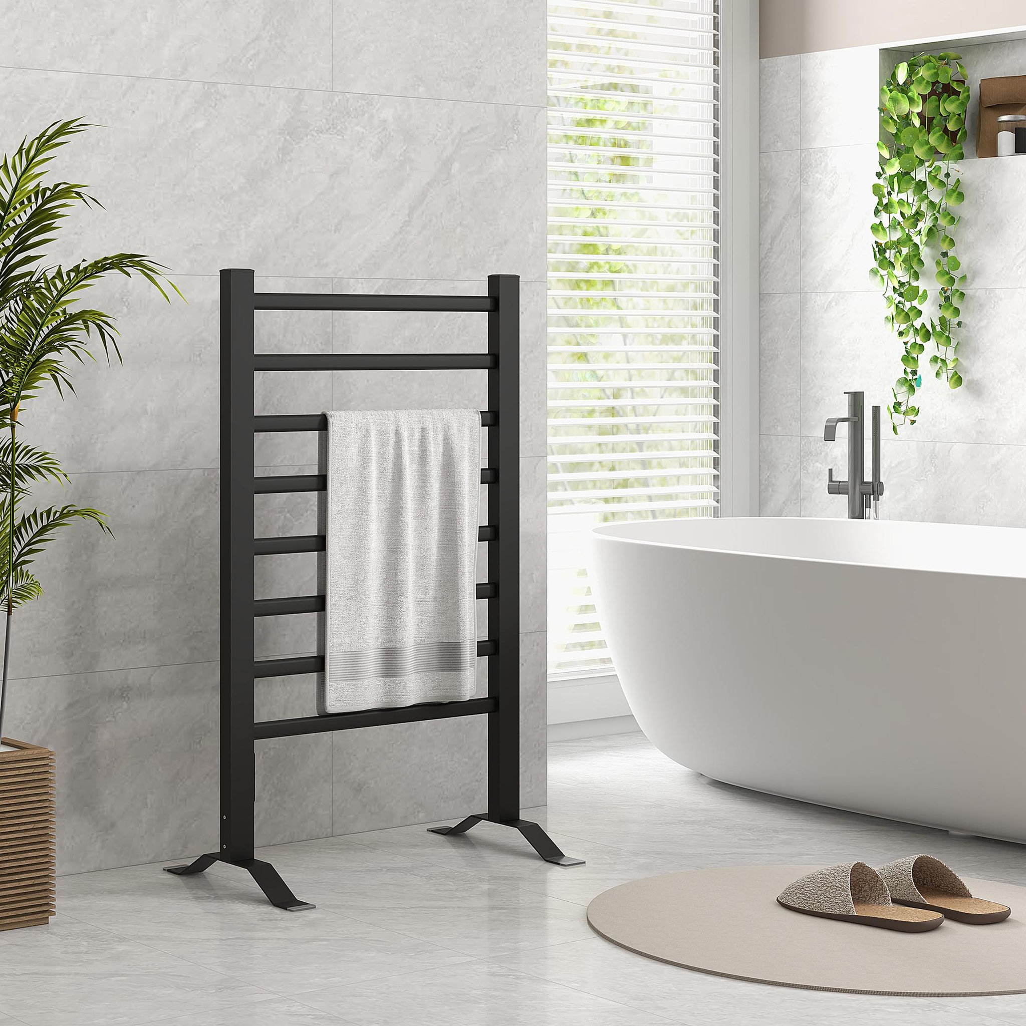 Voir la diapositive 4 : HOMCOM Sèche-serviette électrique sur pied 150W 8 barres timer alu noir