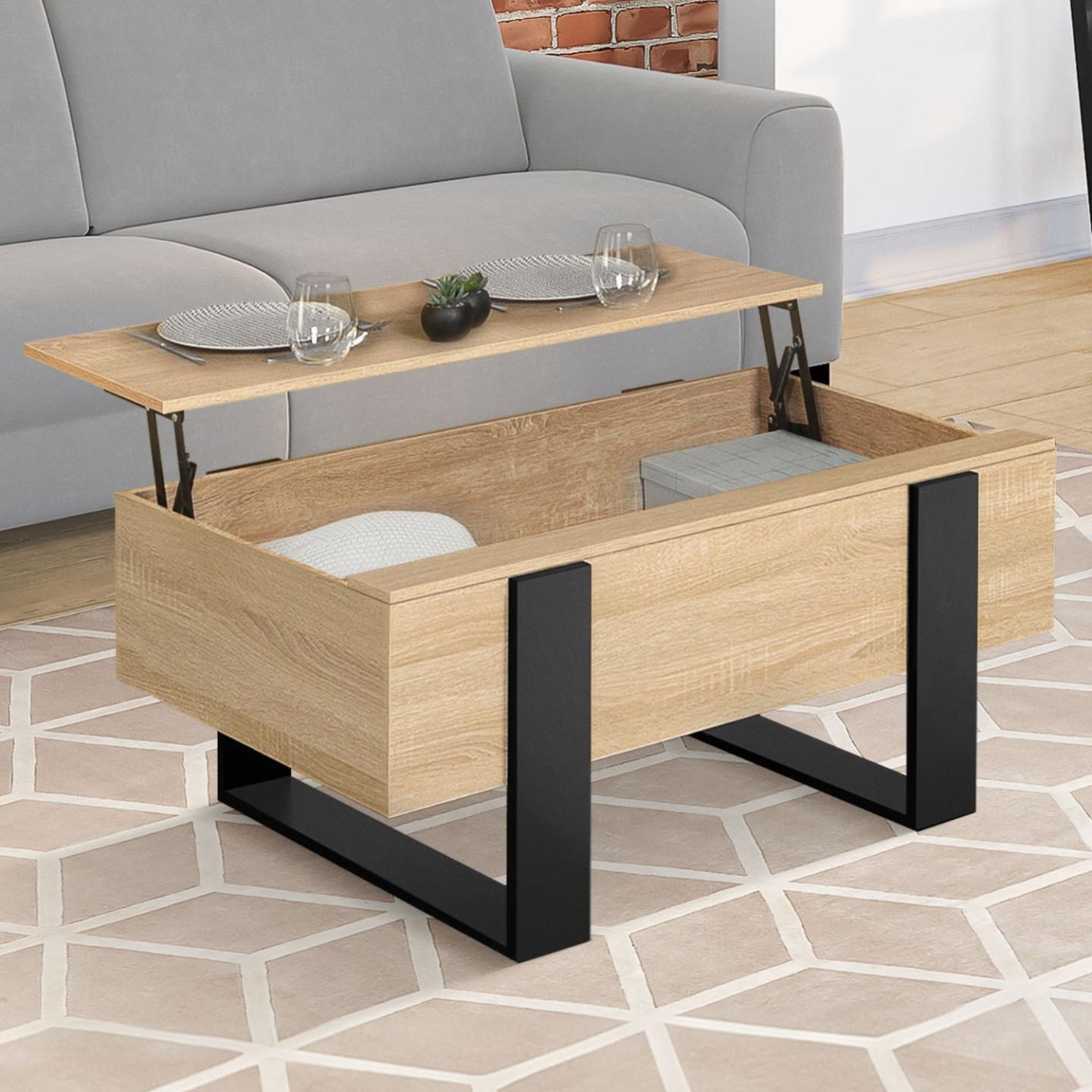 Voir la diapositive 2 : ID MARKET Table basse plateau relevable rectangulaire phoenix bois et noir