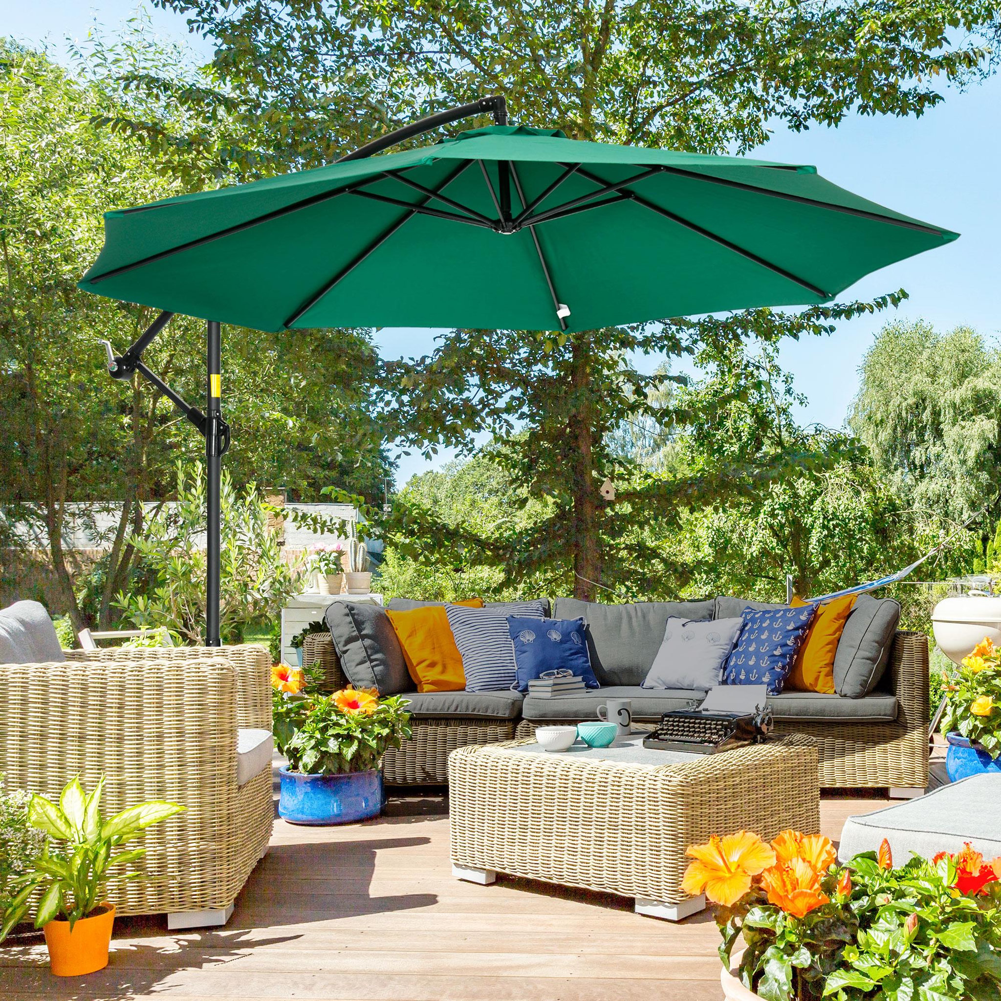 Voir la diapositive 2 : OUTSUNNY Parasol déporté octogonal inclinable pivotant manivelle pied acier Ø 2,9 x 2,4H m vert
