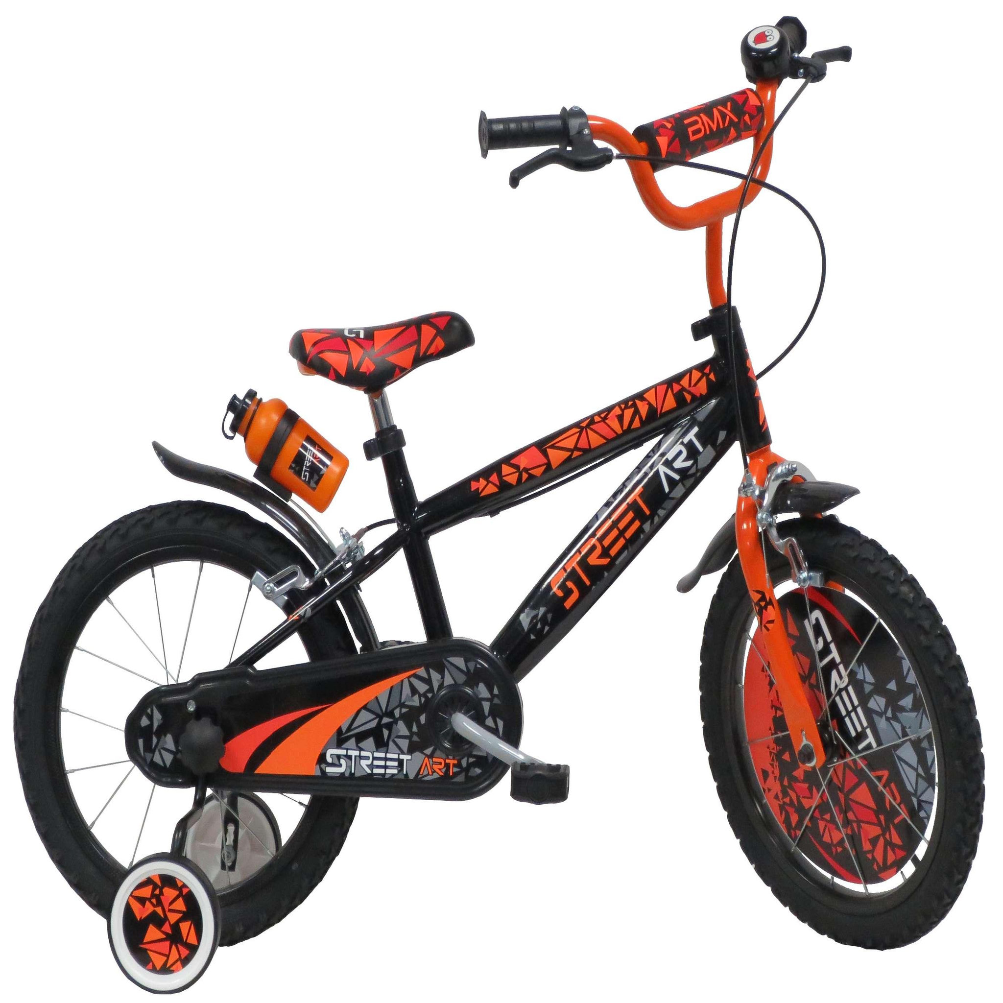 Vélo enfant - Modèle 16'' Street Art  pour enfant de 105/120 cm avec stabilisateurs à molettes - Plaque décorative avant - Porte bidon - 2 freins
