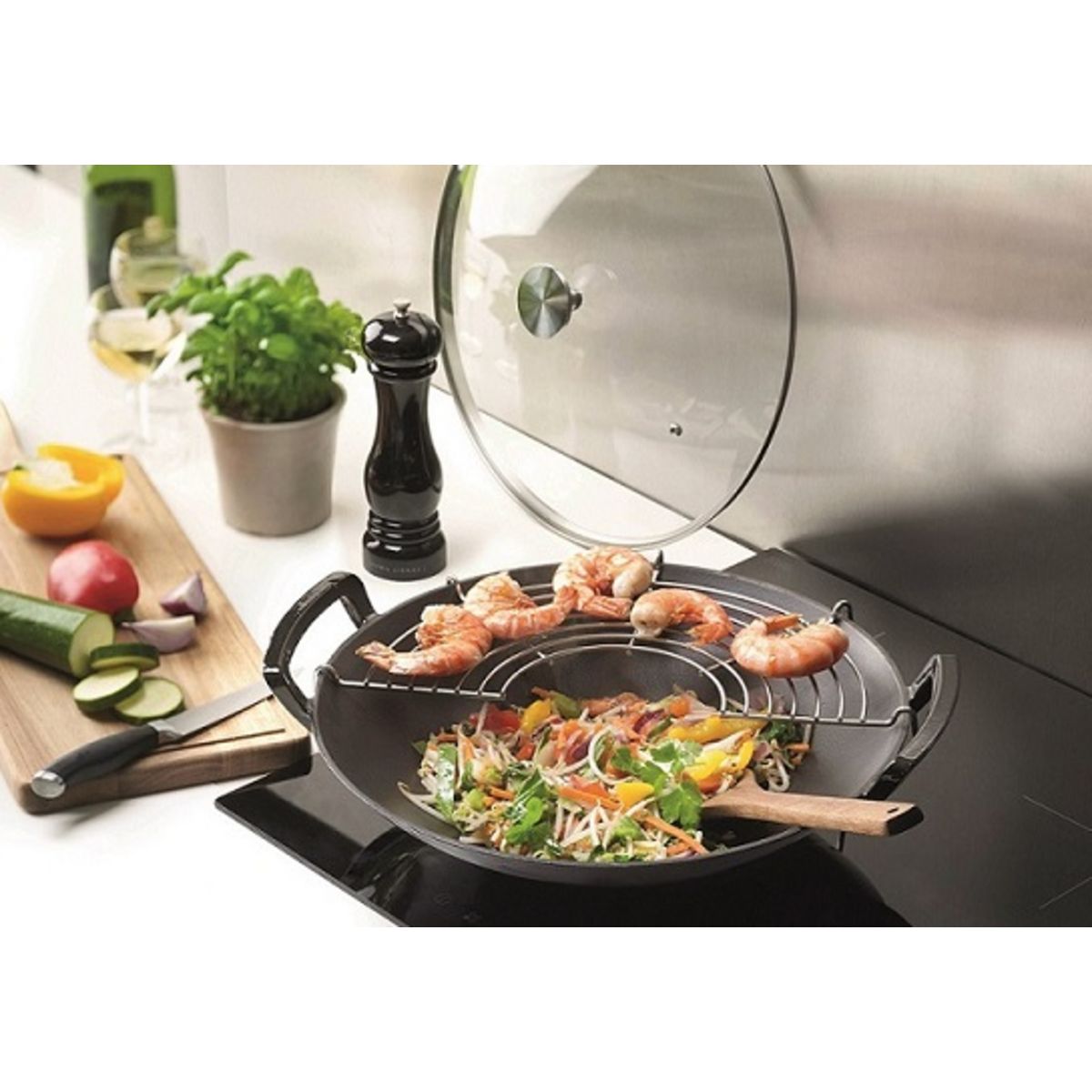 Wok + grill + couvercle induction noir CYRIL LIGNAC 36 cm 