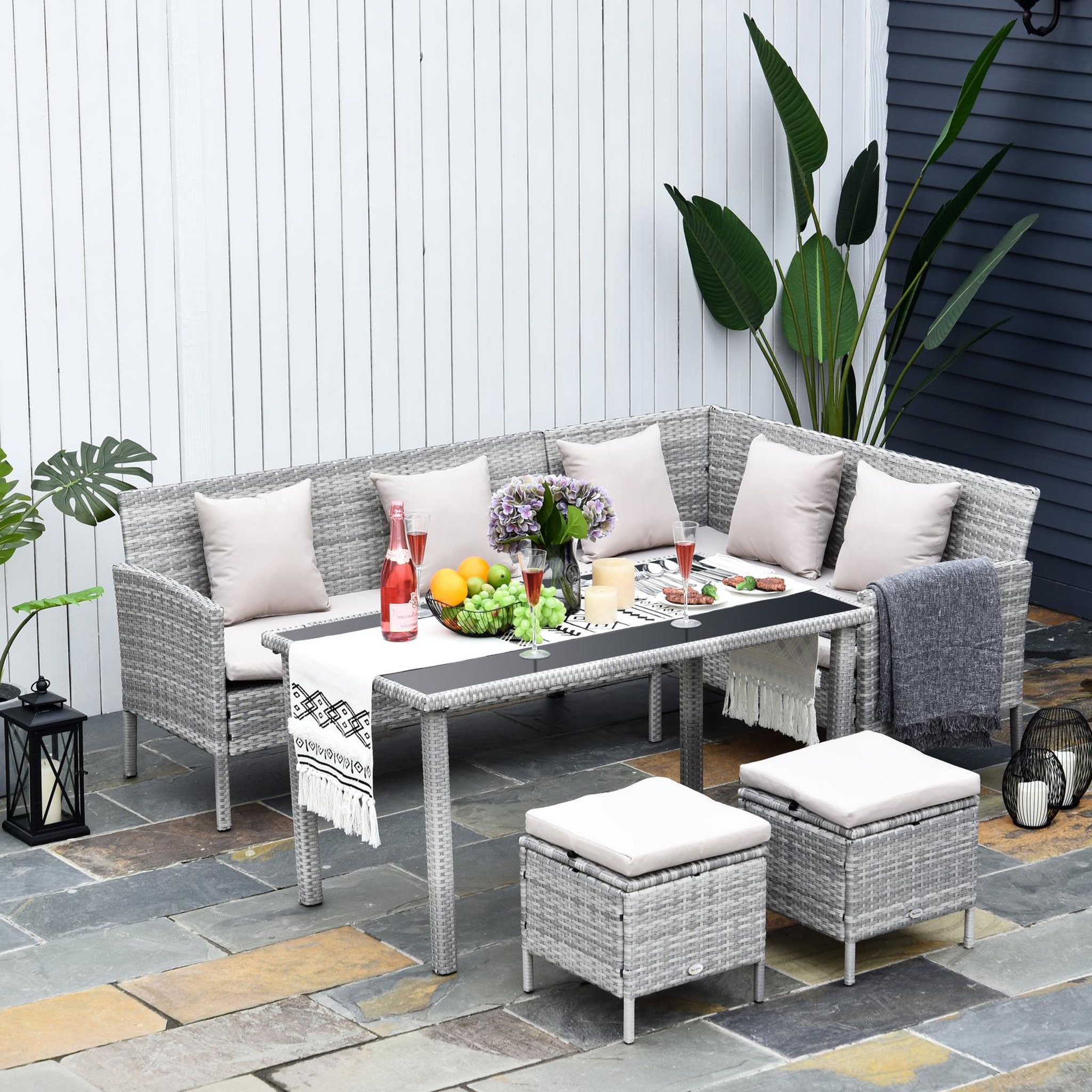 Voir la diapositive 2 : OUTSUNNY Salon de jardin 6 pers. Grand confort canapé d'angle + 2 poufs + table à manger 9 coussins assise & dossier fournis résine tressée grise