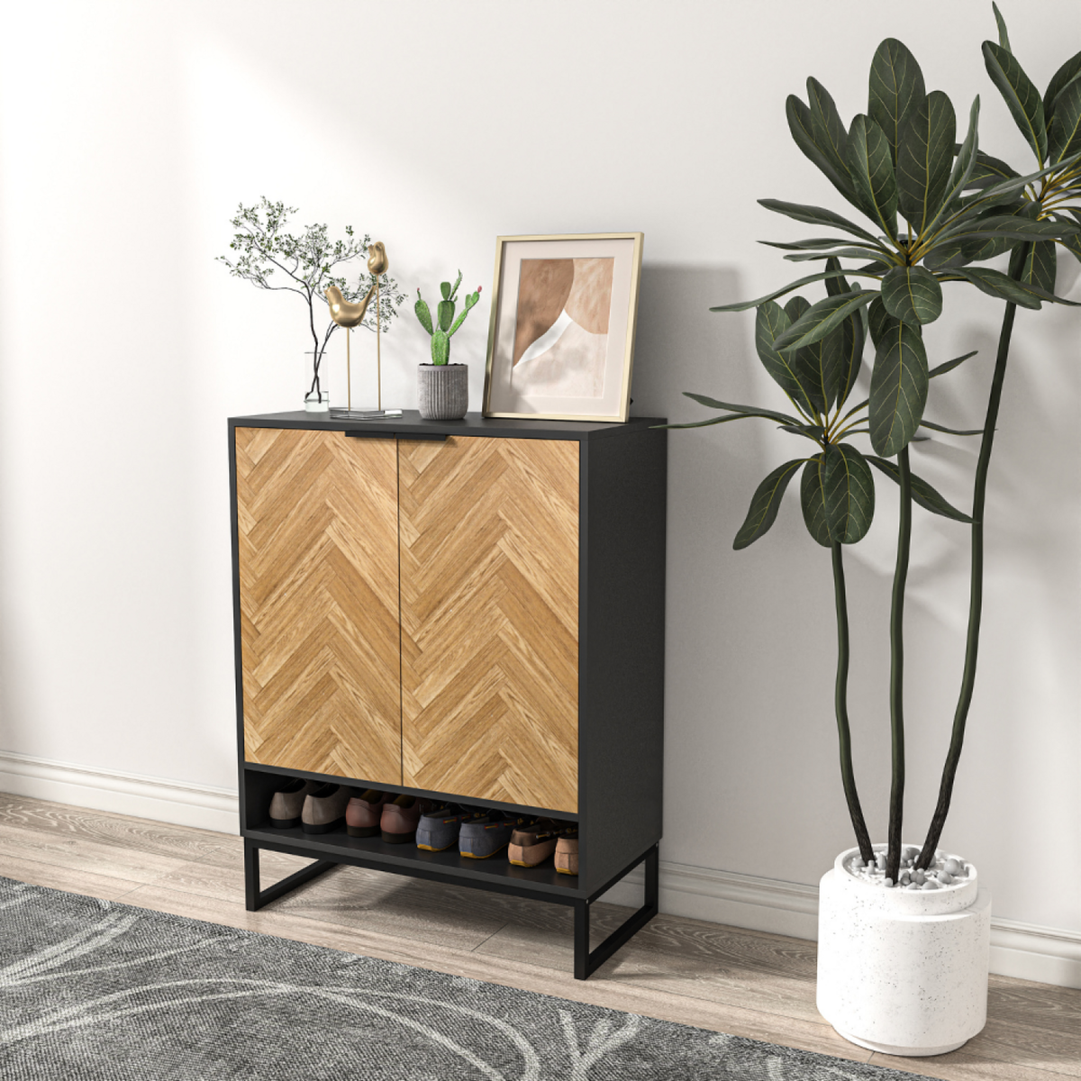 CONCEPT USINE Meuble d'entrée bois et noir chevron avec rangements FLOOR