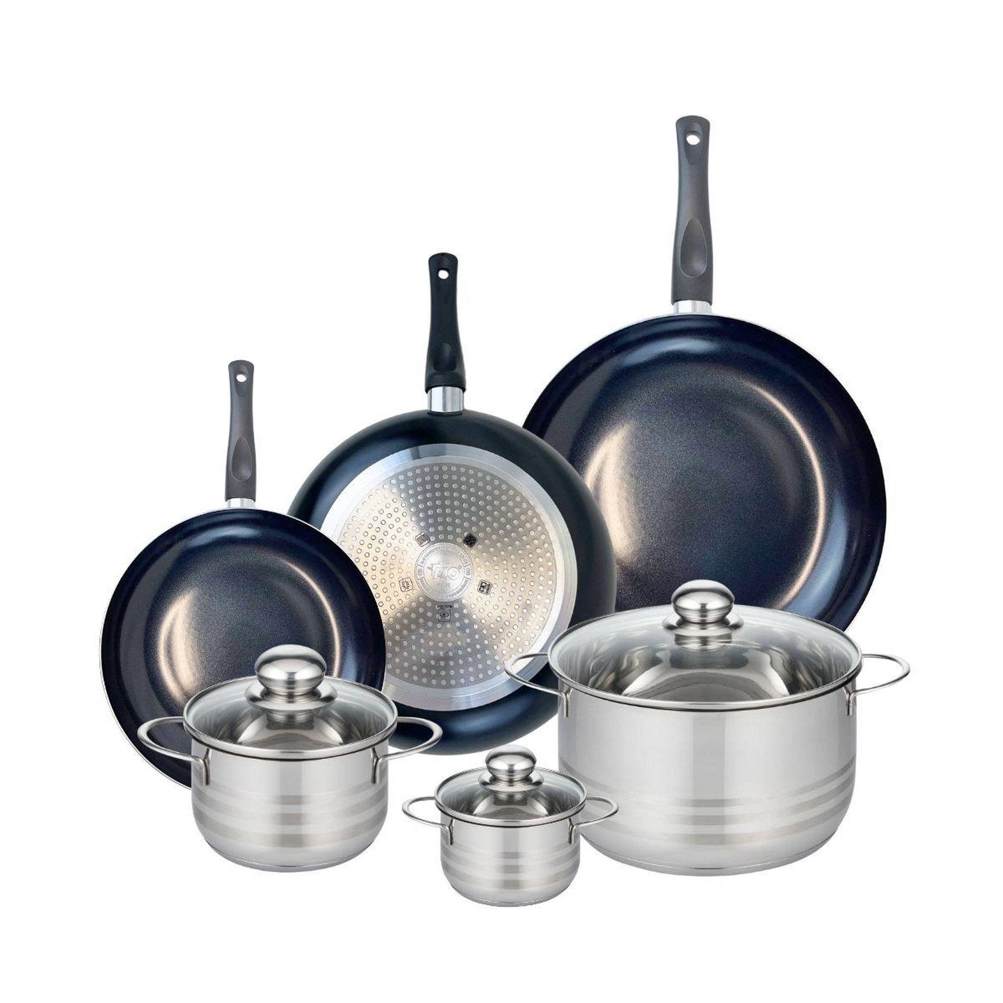 ELO Ensemble de 3 poêles de cuisson 24, 28 et 32 cm et 3 faitouts 12, 16 et 24 cm elo prima brillant