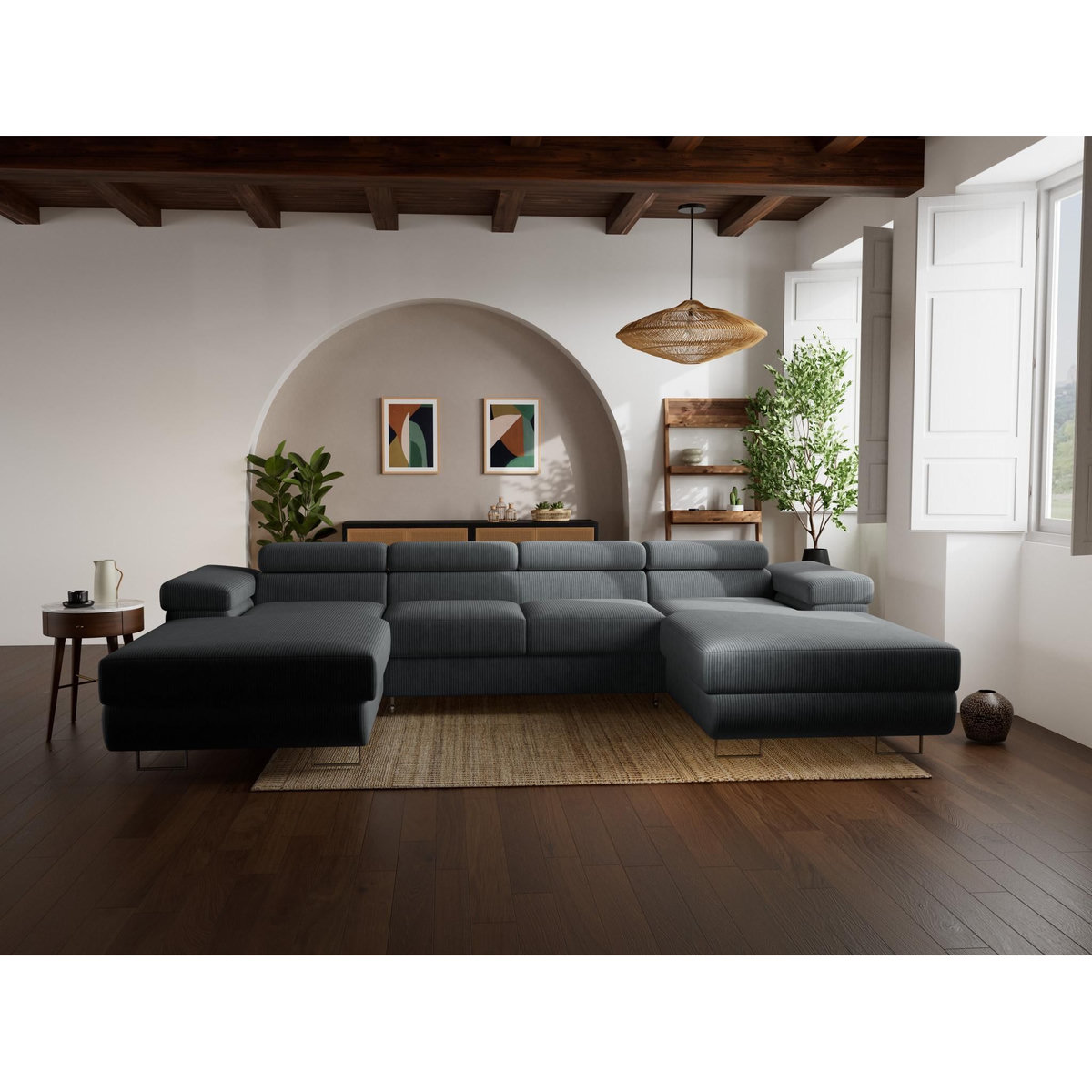 BEST MOBILIER Pablo - canapé panoramique en u - 7 places - convertible avec coffres et têtières réglables - en velours côtelé