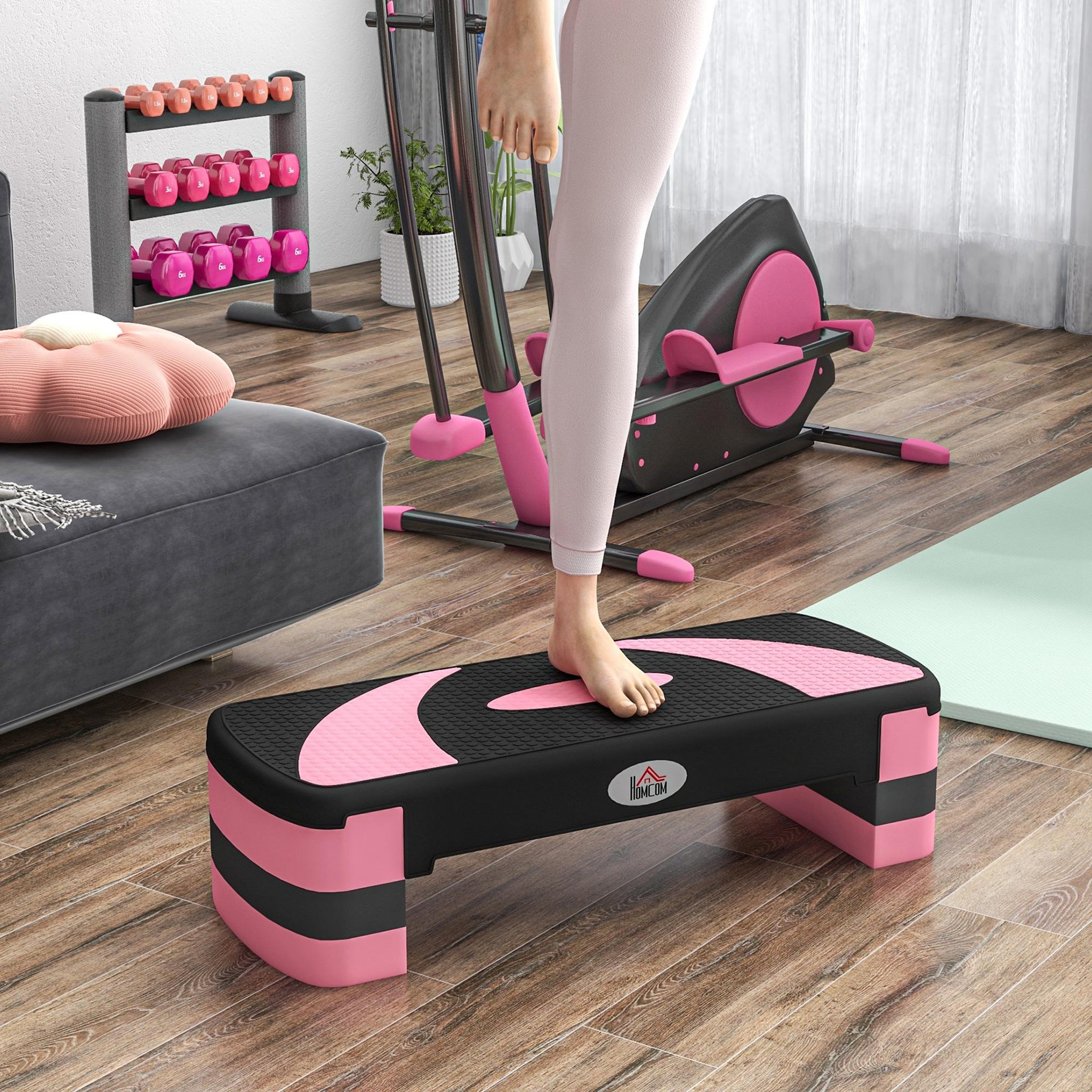 Voir la diapositive 2 : HOMCOM Stepper fitness aerobic hauteur reglable surface antiderapante 80 x 31 x 20 cm noir rose