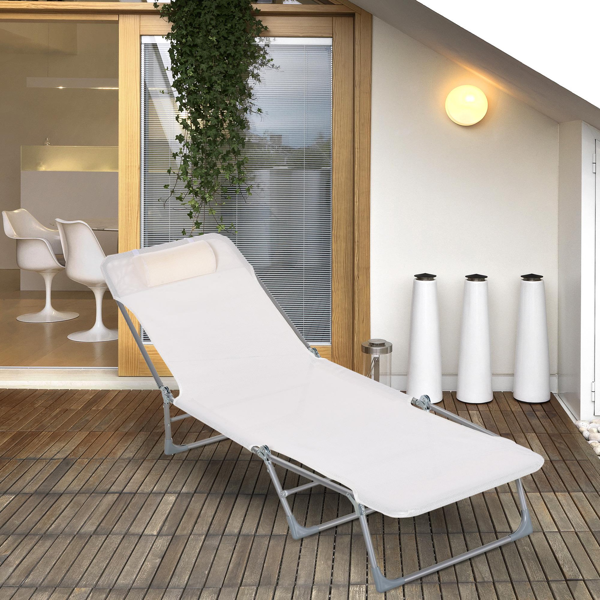 Voir la diapositive 2 : OUTSUNNY Bain de soleil transat pliable dossier réglable 5 positions acier teslin crème