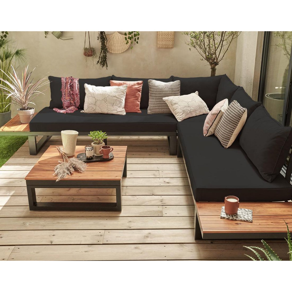 BEST MOBILIER Salome - salon bas de jardin 5 places + table - modulable - bois, métal et coussins noirs