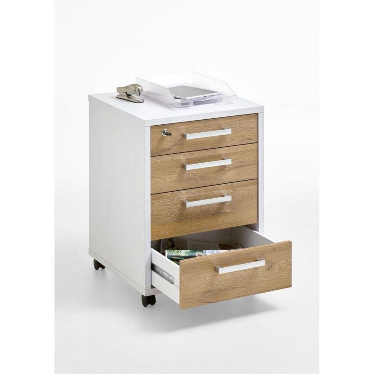 Paris Prix Caisson de Bureau 4 Tiroirs  Kazed  65cm Blanc & Chêne