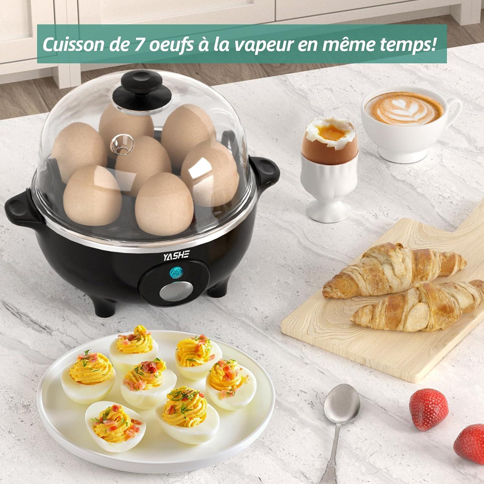 Voir la diapositive 3 : YASHE Cuiseur à œufs, 7 œufs, 360 W, plateau vapeur, noir