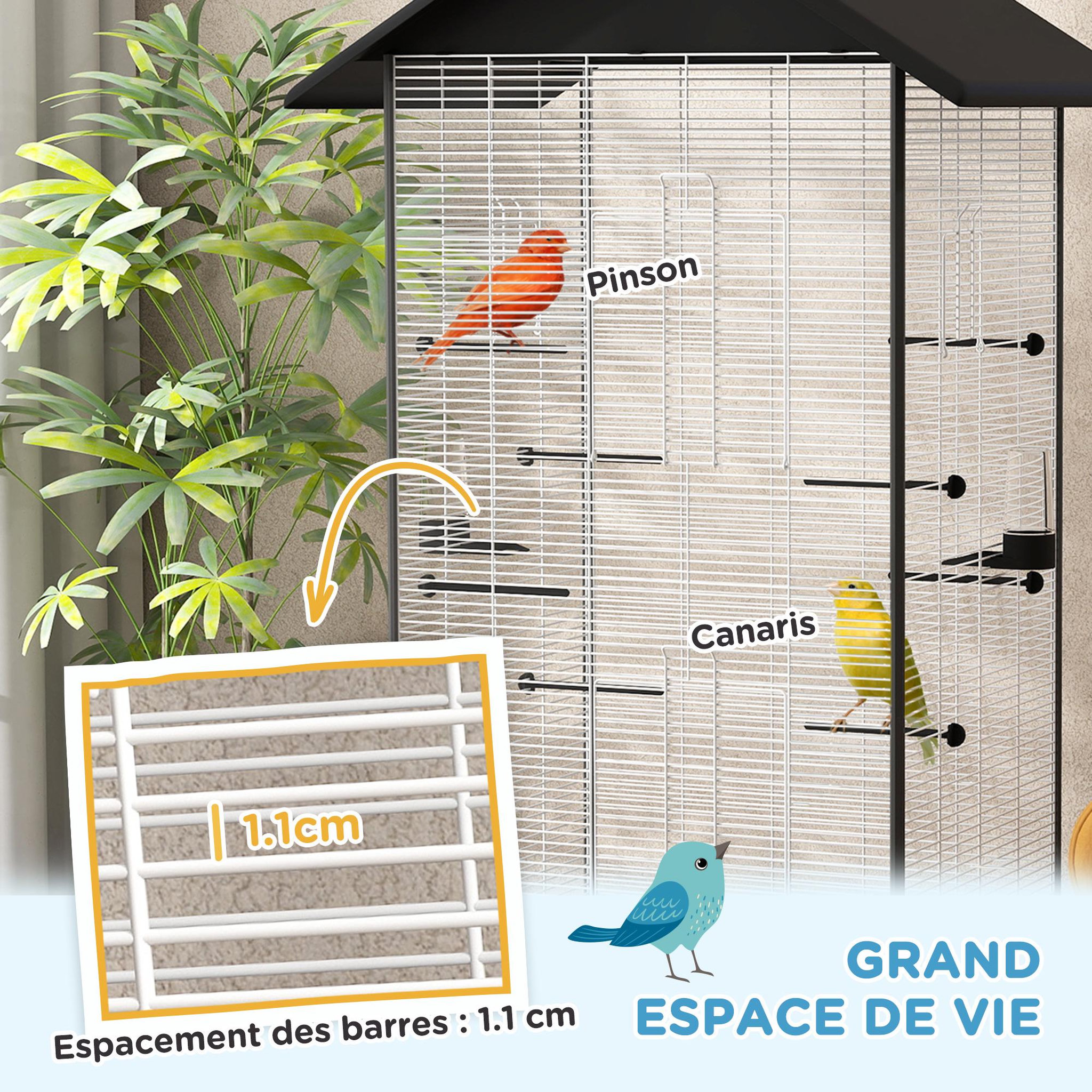 Voir la diapositive 4 : PAWHUT Cage oiseau sur roulettes - grande volière - plateau dejection amovible, mangeoires, perchoirs, portes - blanc noir