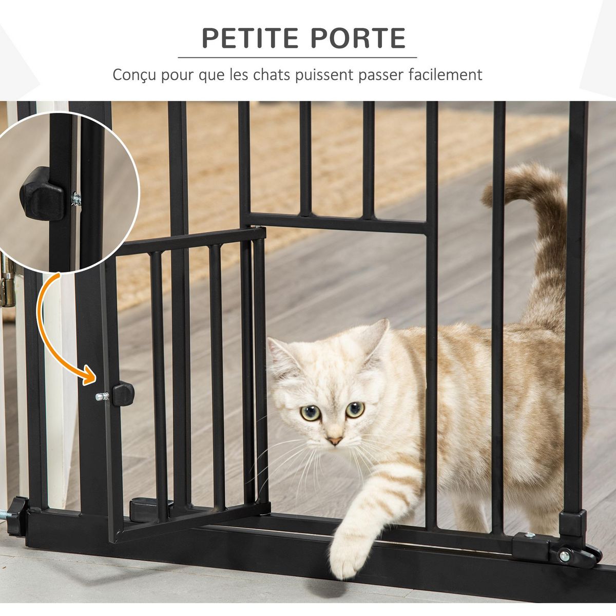PAWHUT Barrière de sécurité animaux - longueur réglable dim. 74-80 cm - porte double verrouillage, ouverture double sens, petite porte -sans perçage - acier plastique noir