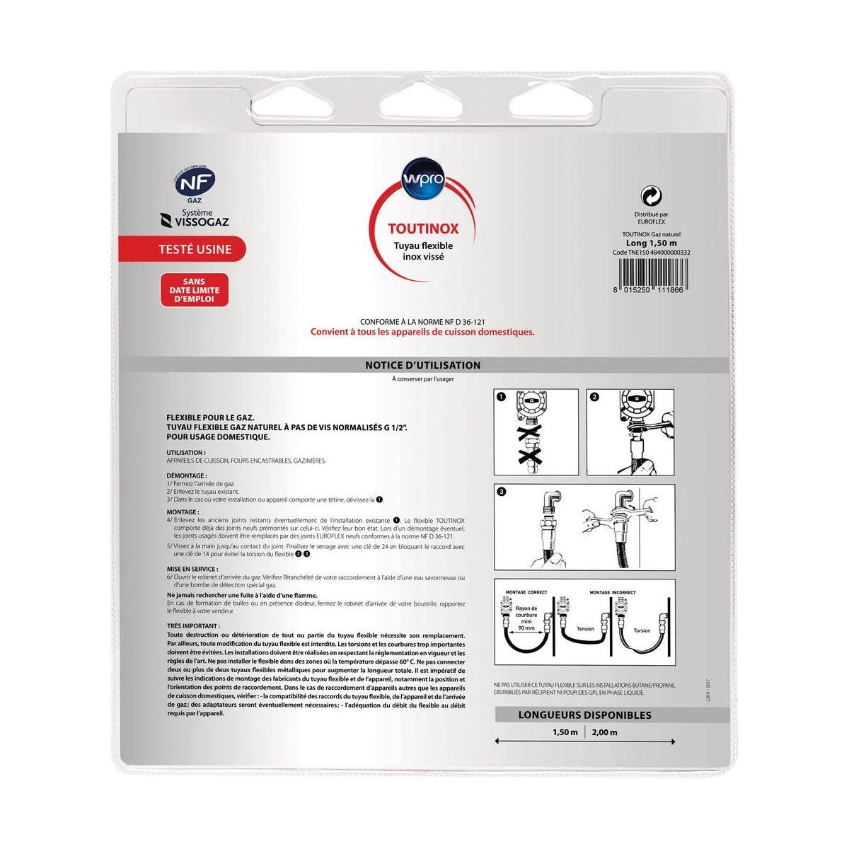WPRO Tuyaux gaz TNE150 gaz naturel 1.50m illimité