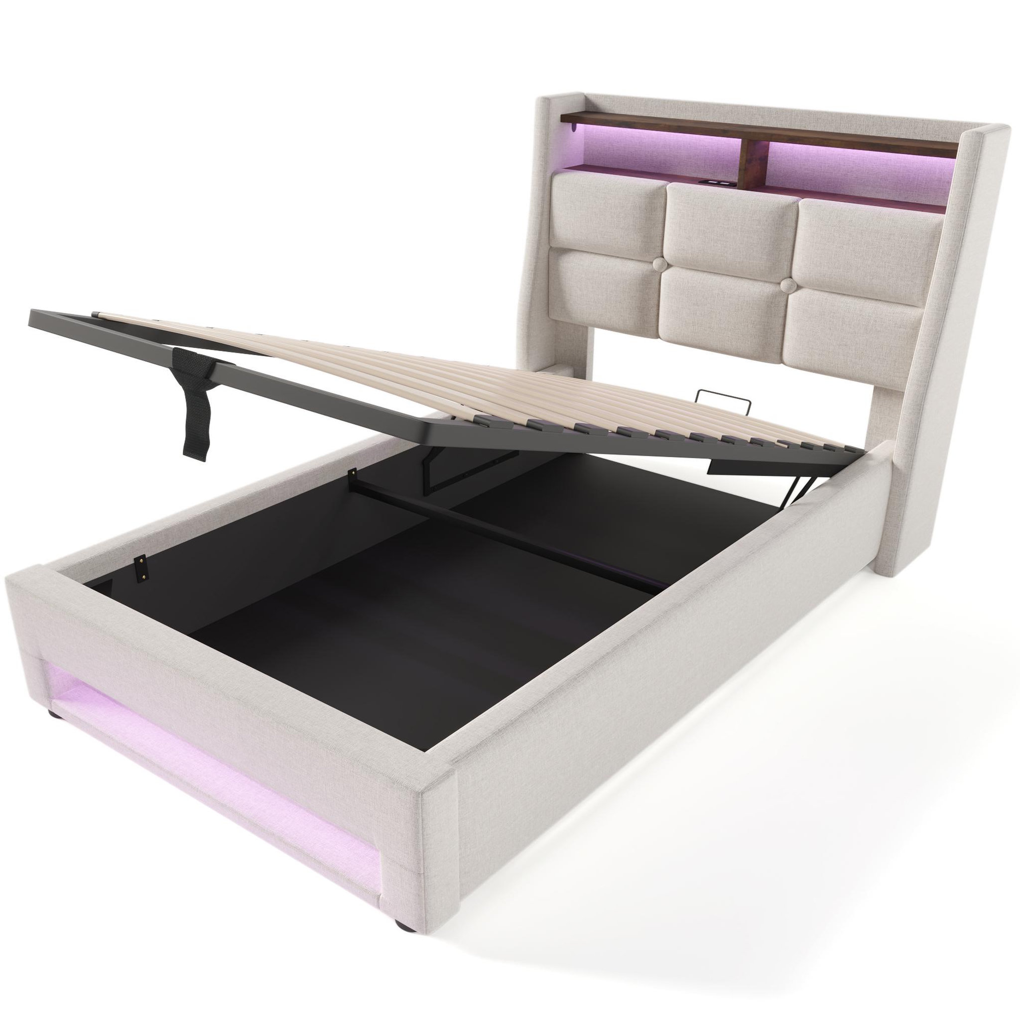 Voir la diapositive 6 : MERAX Lit coffre avec USB et LED Lin gris