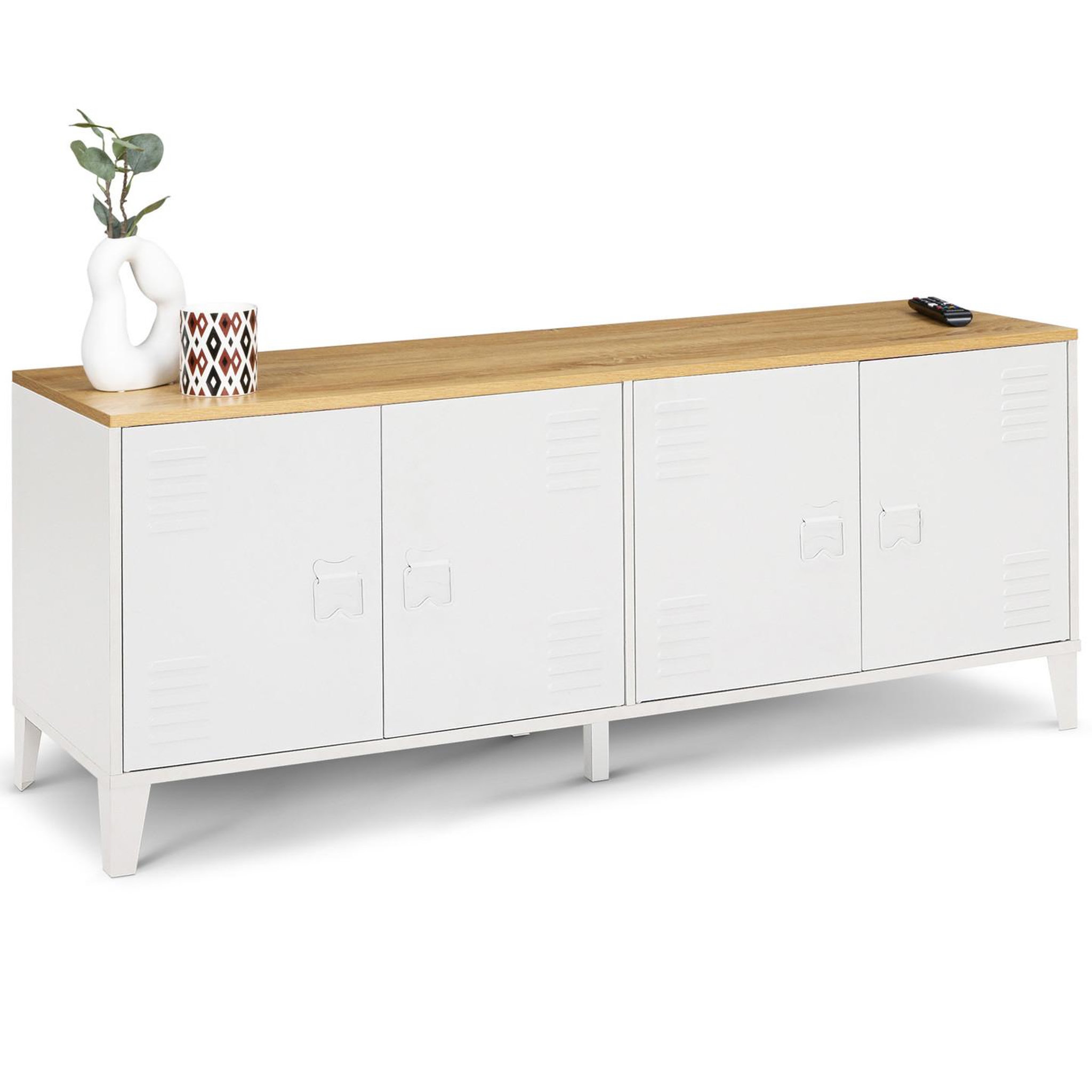 ID MARKET Buffet bas 140 cm ester 4 portes métal blanc plateau bois design industriel