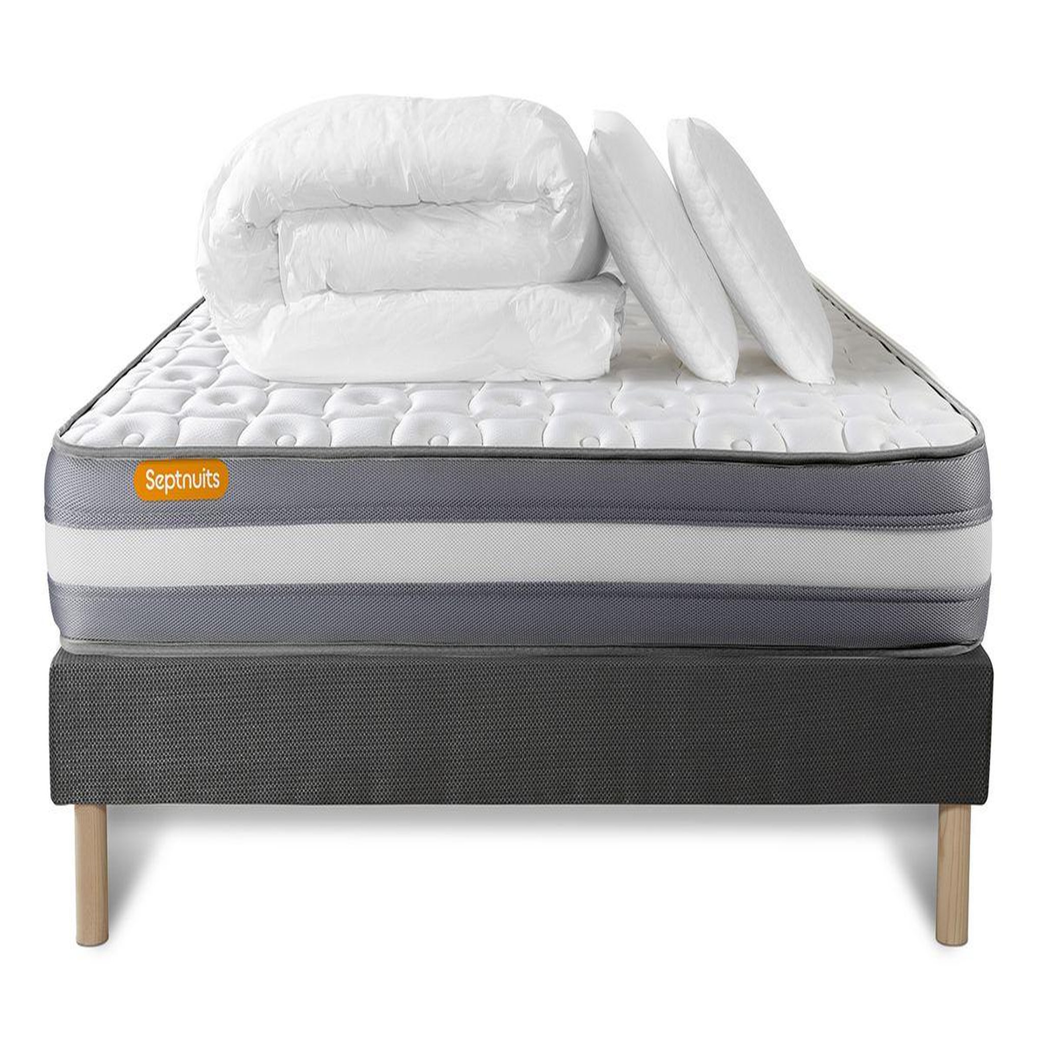 Voir la diapositive 2 : SEPTNUITS PACK matelas + sommier gris Memo Plus Mémoire de forme 3 zones + 2 oreillers + couette