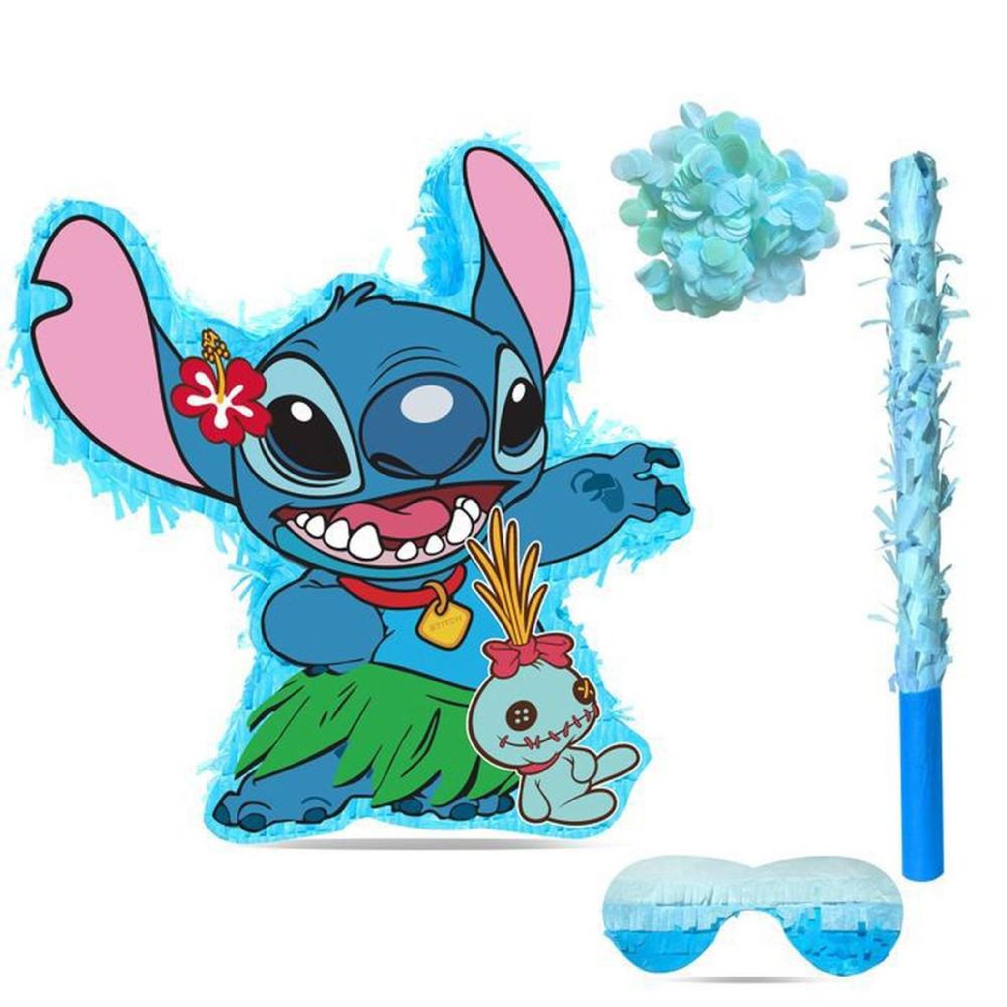 Piñata Stitch multicolore pour fête enfant avec masque et bâton, décorations Disney, franges festives, à remplir, 37 x 20 cm