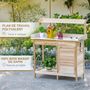 Voir la diapositive 6 : OUTSUNNY Table de rempotage jardinage - 2 étagères, tiroir, placard, plateau tôle acier galvanisé avec rebord, 3 crochets - bois sapin pré-huilé