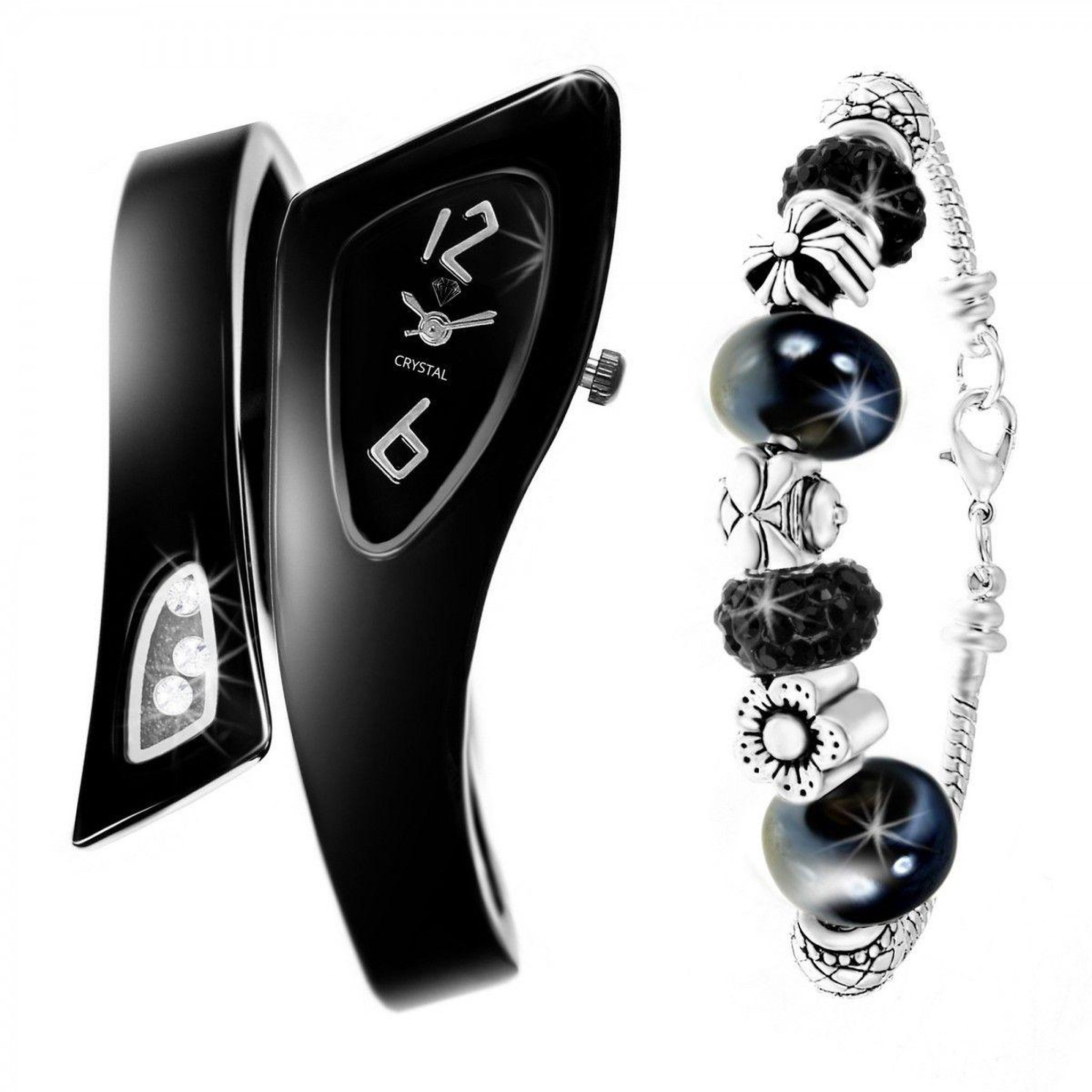 SC CRYSTAL Coffret montre Lyana noire SC Crystal ornée de Cristaux scintillants et son bracelet mode