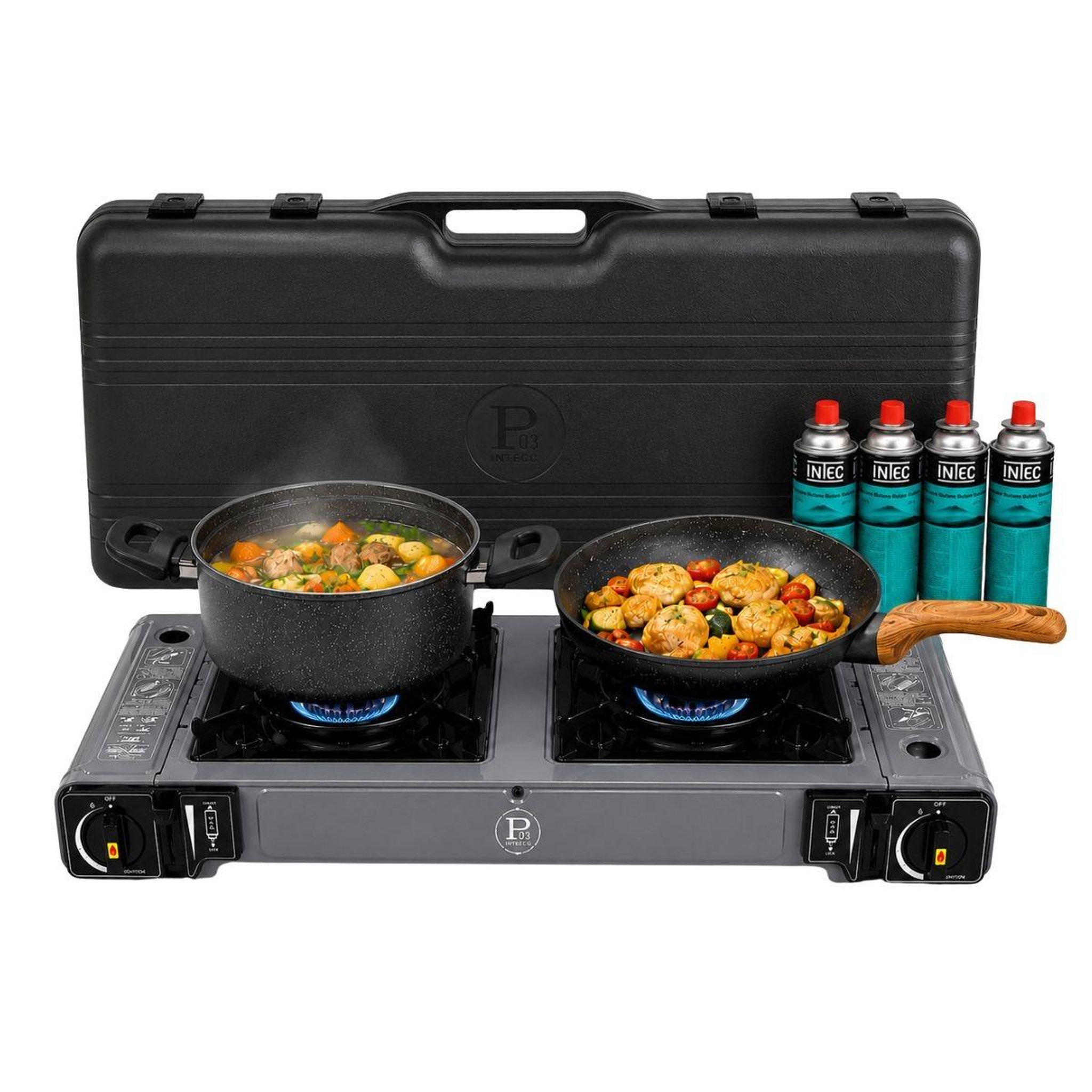 INTEC Réchaud à gaz 2 feux 3800w allumage piezo + 4 cartouches gaz butane - cuisinière à gaz portable camping cuisine extérieure intec