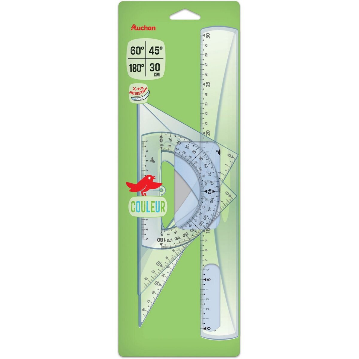 AUCHAN Kit de traçage 4 pièces règle + équerre + triangle + rapporteur incassable coloris aléatoire