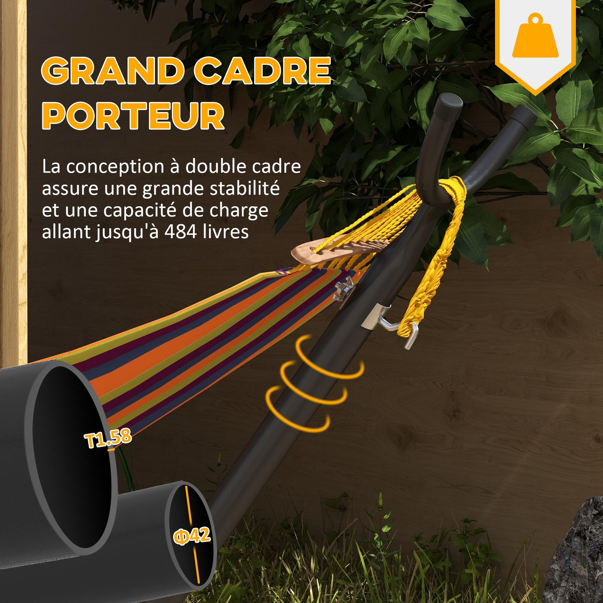 Voir la diapositive 4 : OUTSUNNY Support pied de hamac acier époxy hauteur réglable 6 niveaux dim. 290L x 120l x 115H cm noir