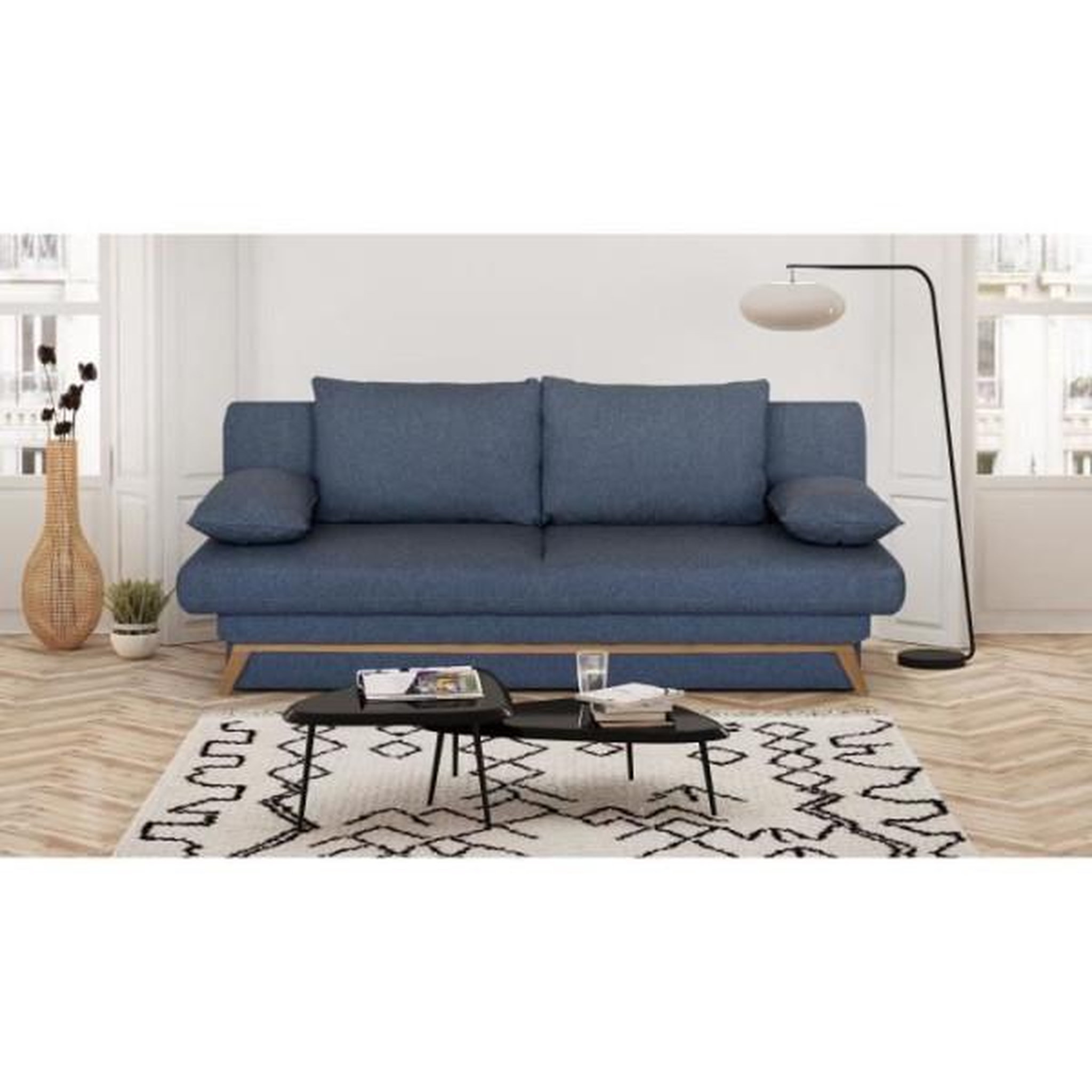 Voir la diapositive 2 : Banquette convertible - 3 places - NAOTO - Tissu bleu foncé - Coffre de rangement - 202 x 98 x 98 cm