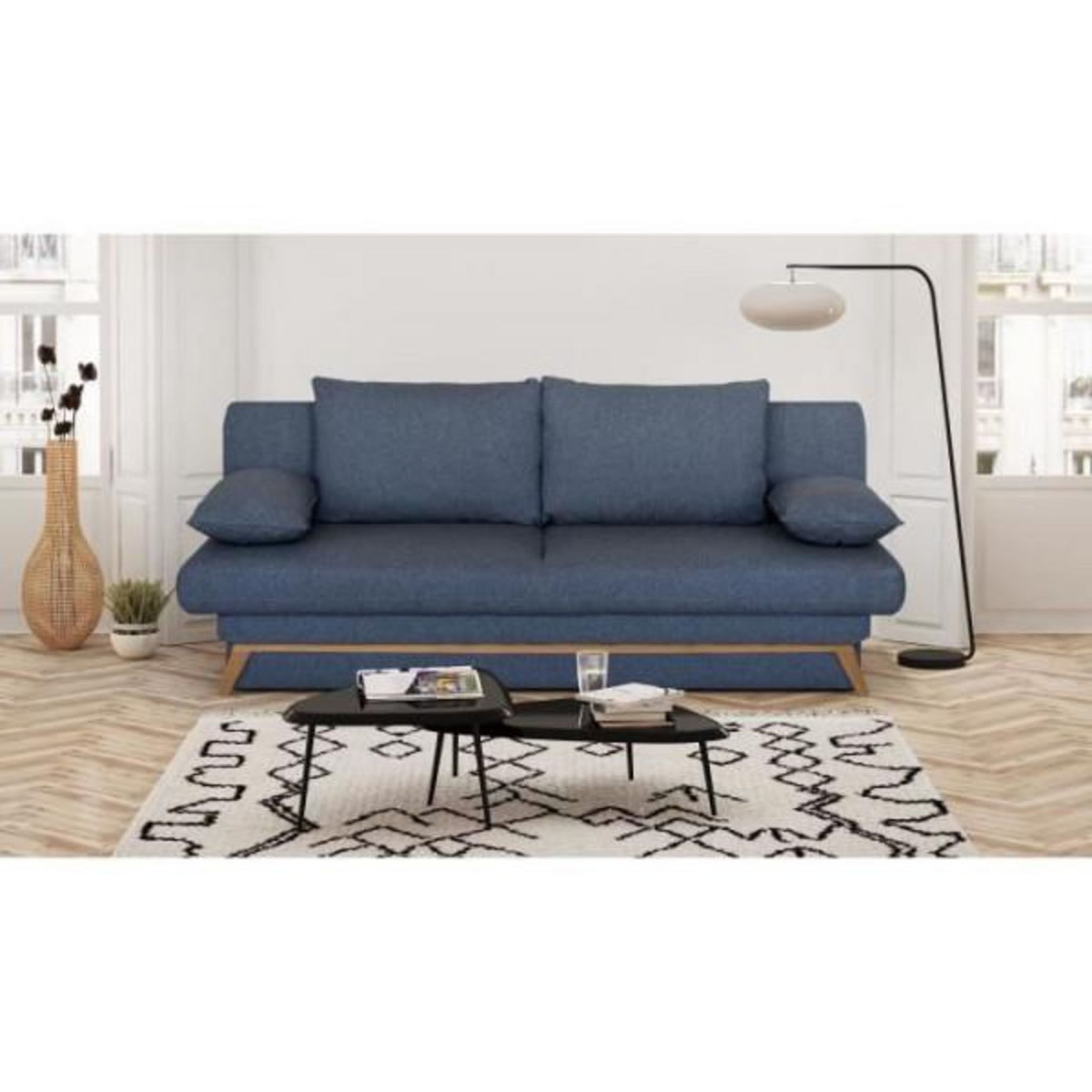 MARKET24 Banquette convertible - 3 places - NAOTO - Tissu bleu foncé - Coffre de rangement - 202 x 98 x 98 cm