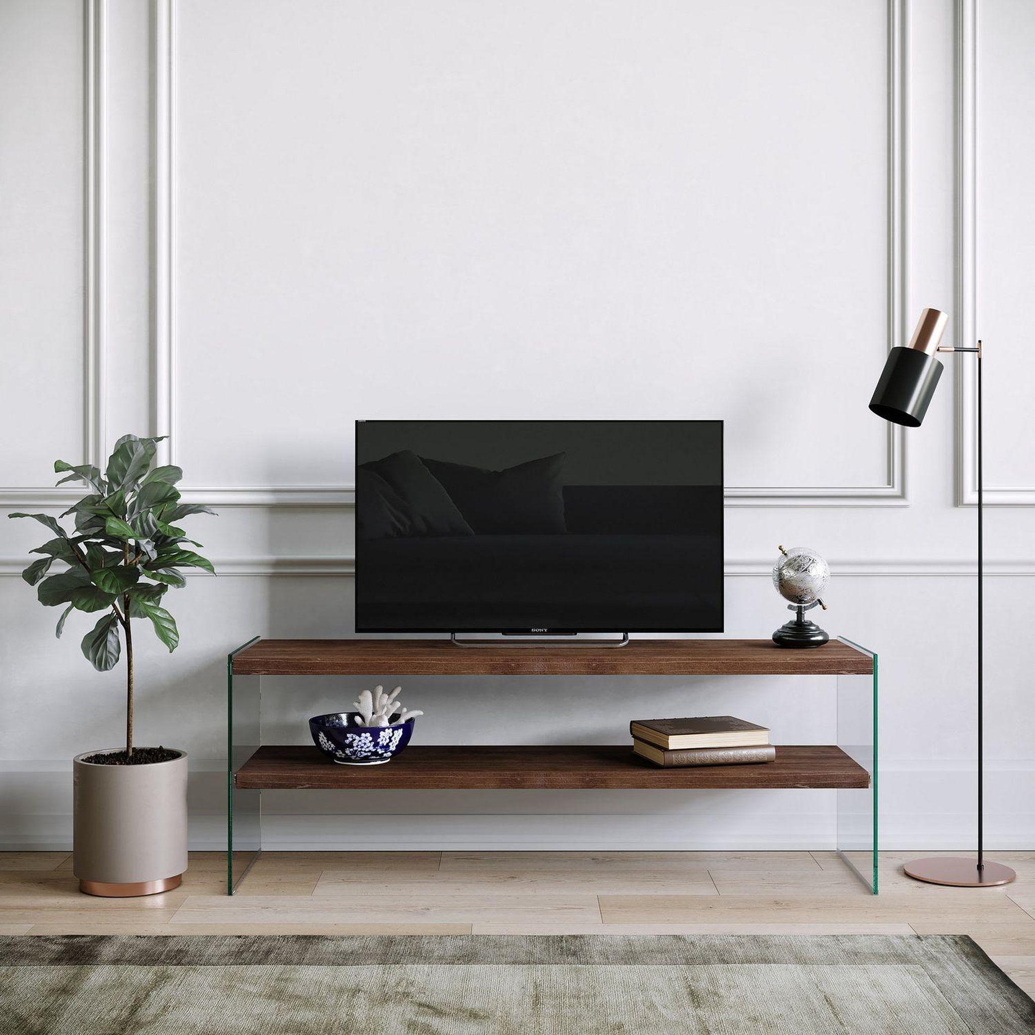 Voir la diapositive 2 : TOILINUX Meuble tv en bois de pin massif et structure en verre 1 étagère - l.120cm x h.45cm - marron foncé