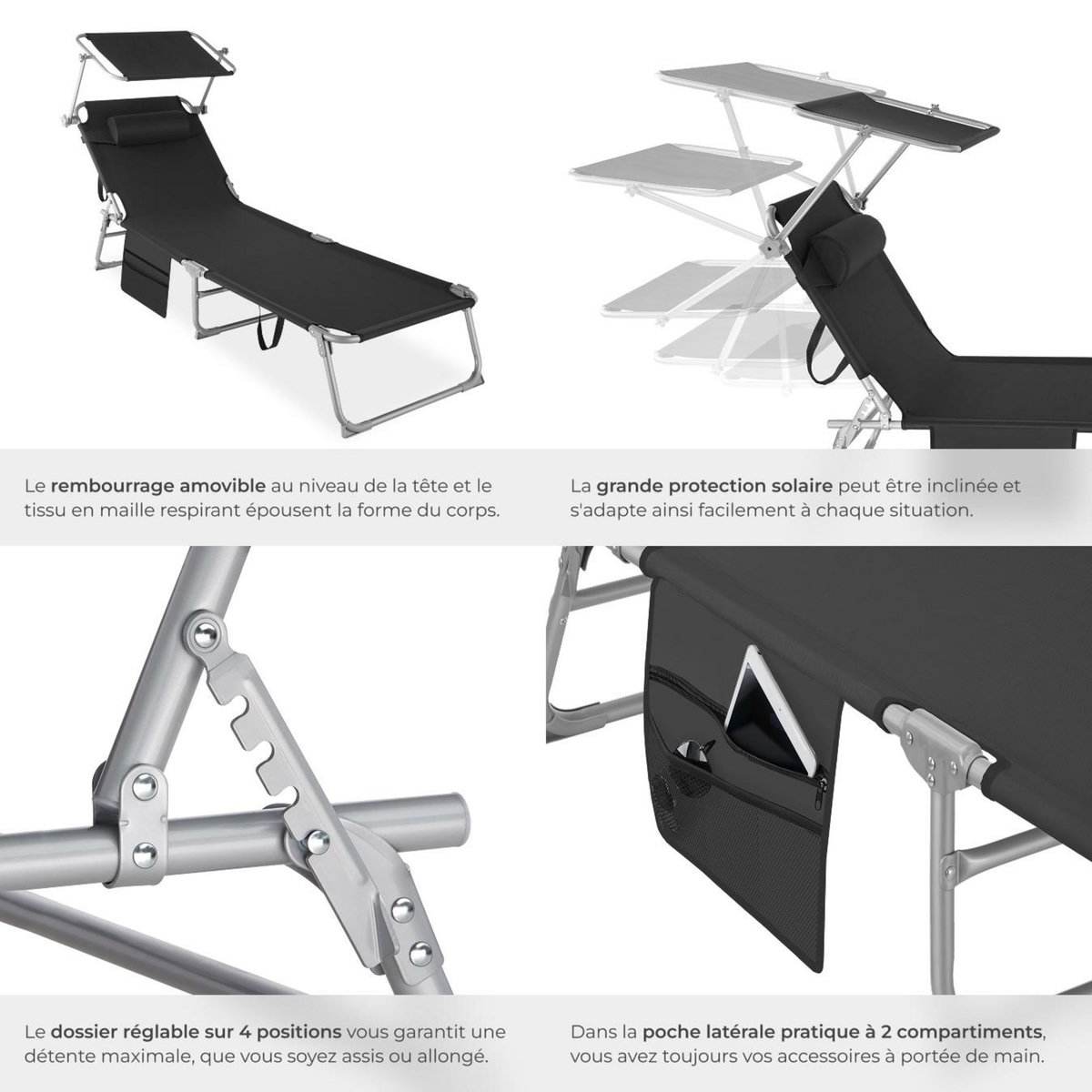 tectake Lot de 2 bains de soleil pliable noir