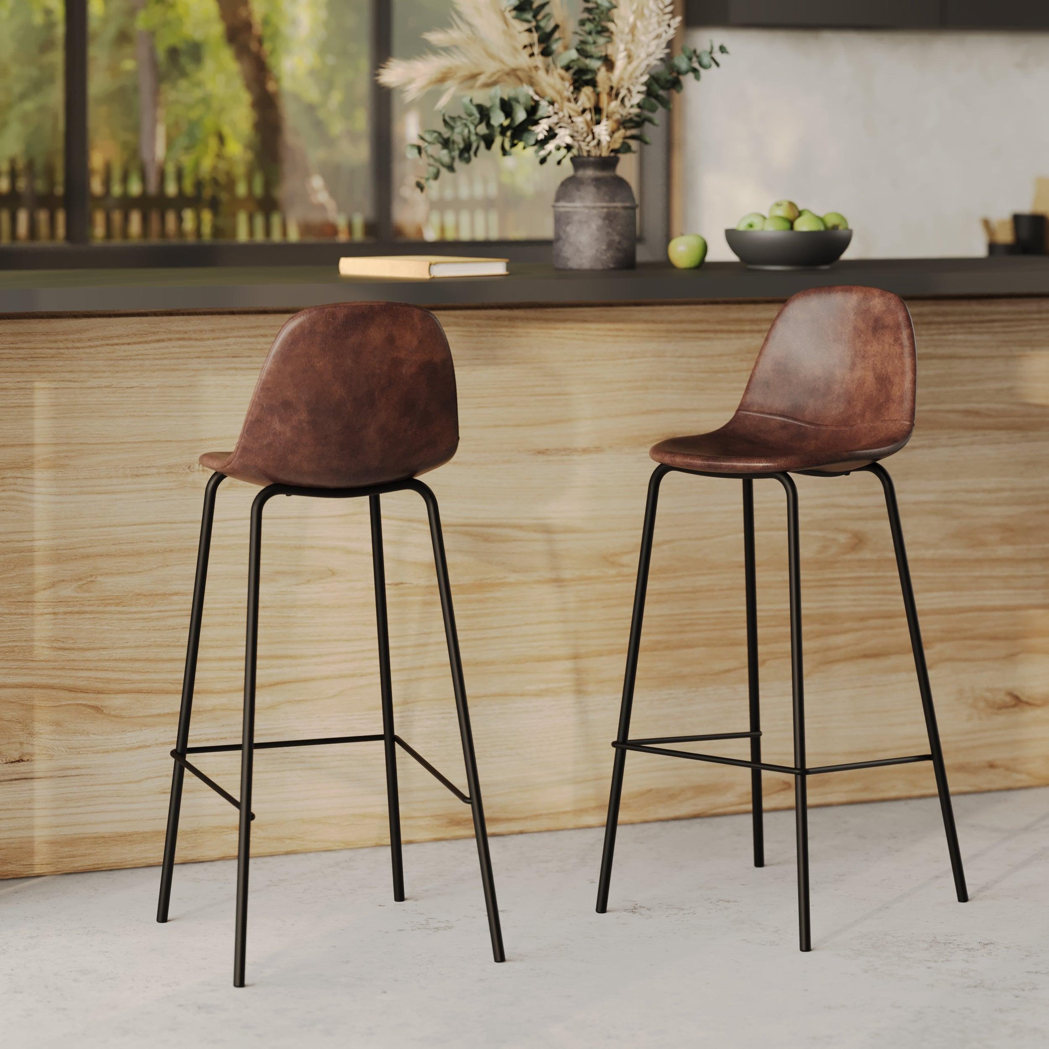 Voir la diapositive 2 : MAISON PAVANE Lot de 2 chaises de bar 75 cm en cuir synthétique marron-henrik