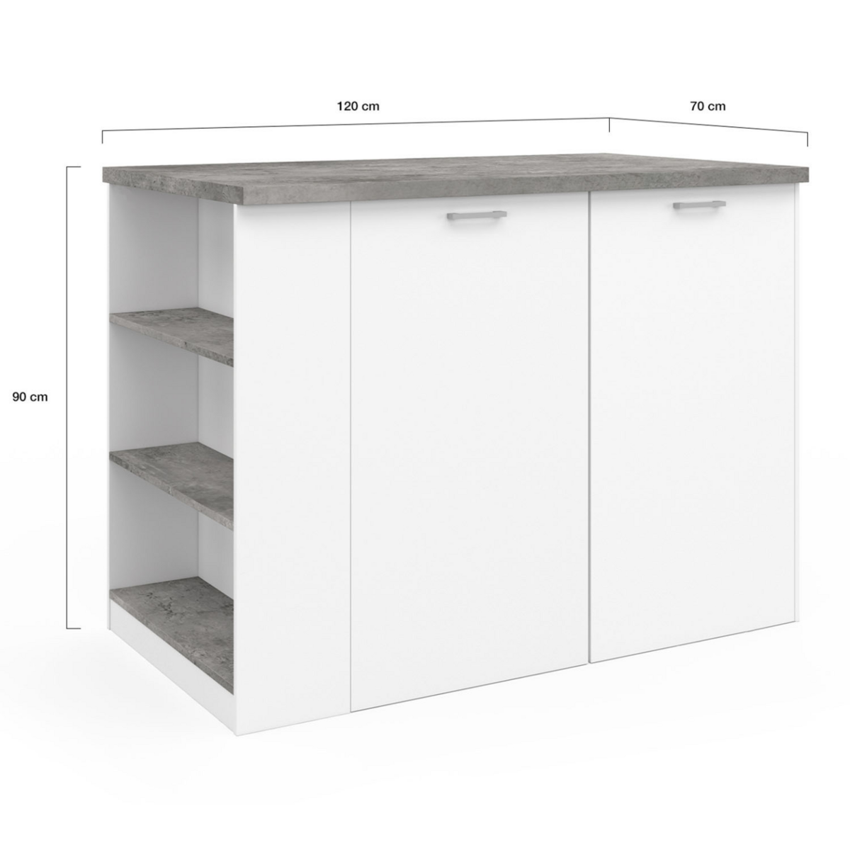ID MARKET Ilot central TIBO 120 cm bois blanc avec plan de travail façon béton