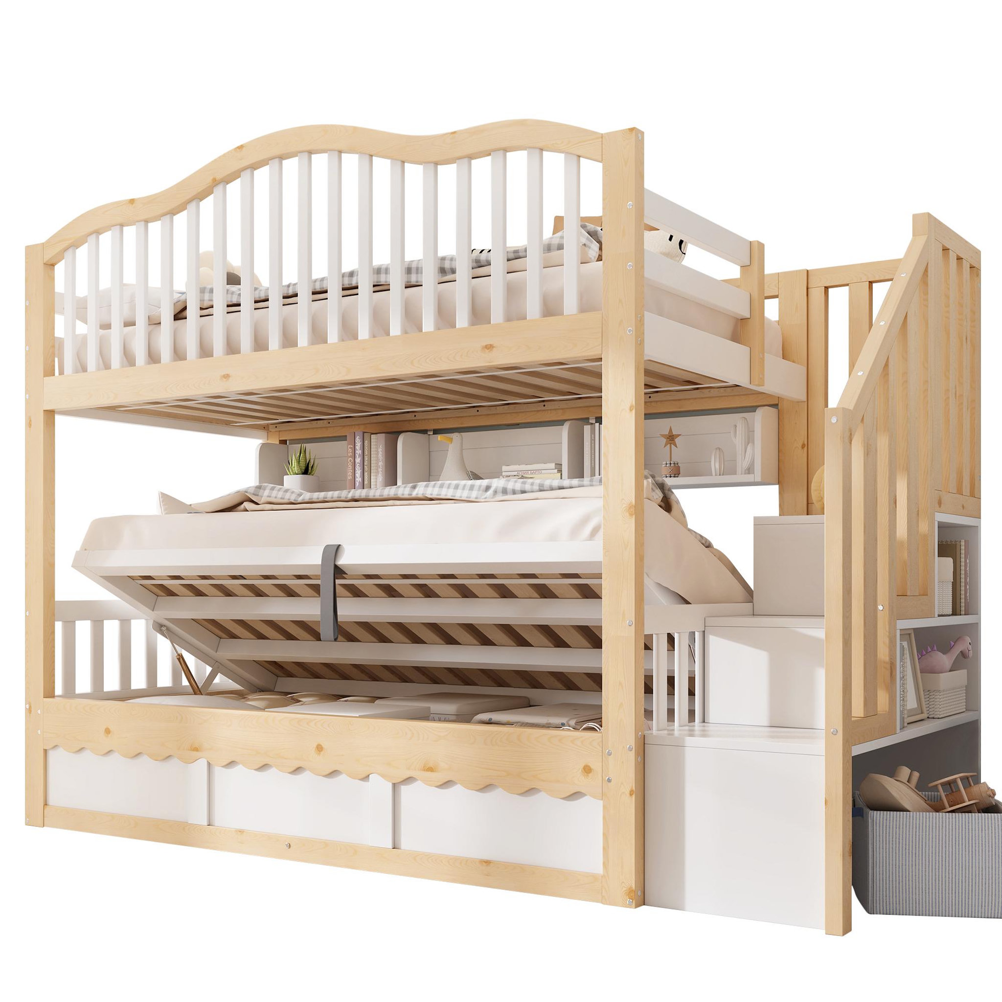 MERAX Lit superposé enfant 90x200 cm avec rangement hydraulique, escalier et étagères coloris blanc chêne