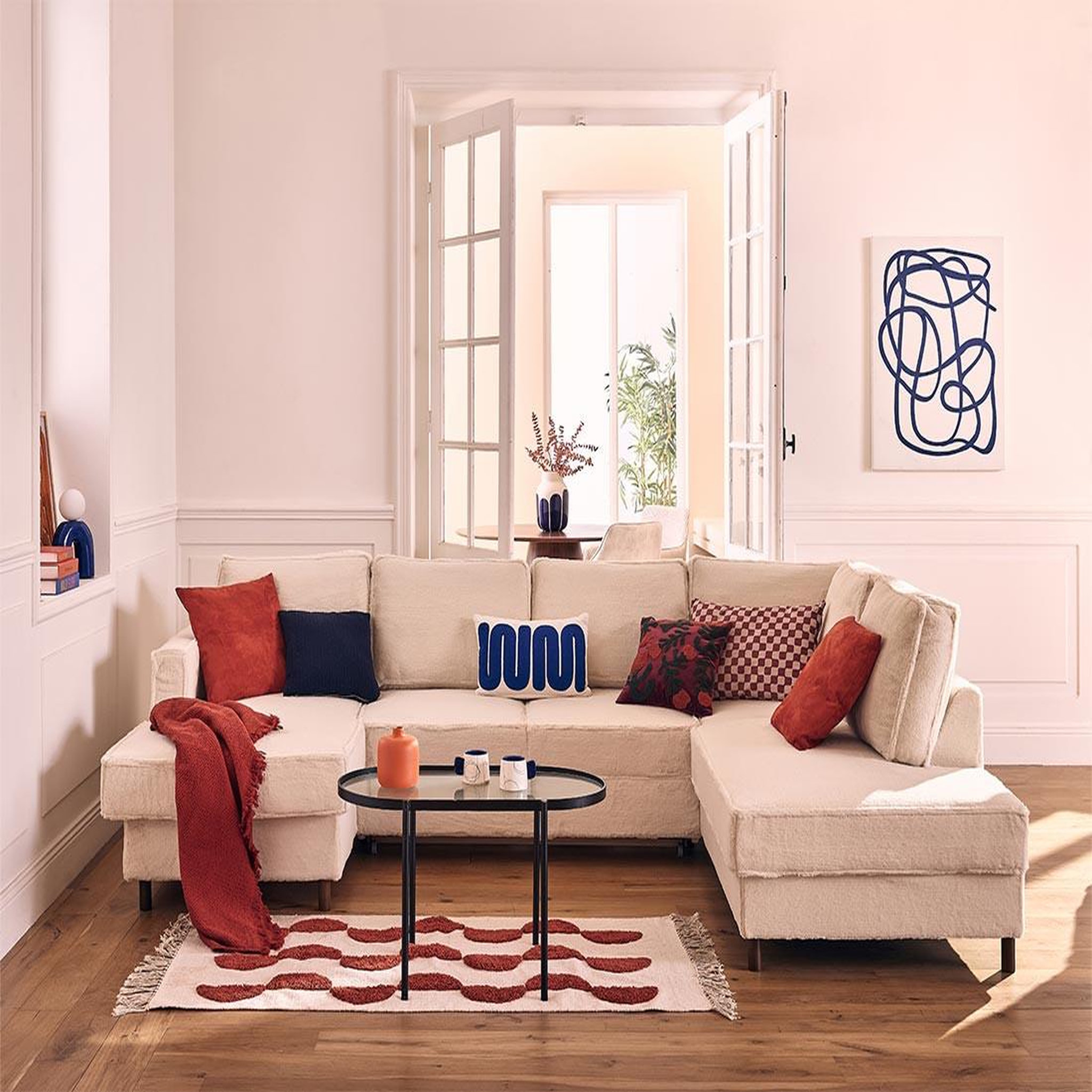 LISA DESIGN Jake - canapé panoramique d'angle droit 7 places convertible avec coffre en fausse fourrure. Coloris disponibles : Orange, Vert, Violet, Gris, Bleu, Noir, Beige
