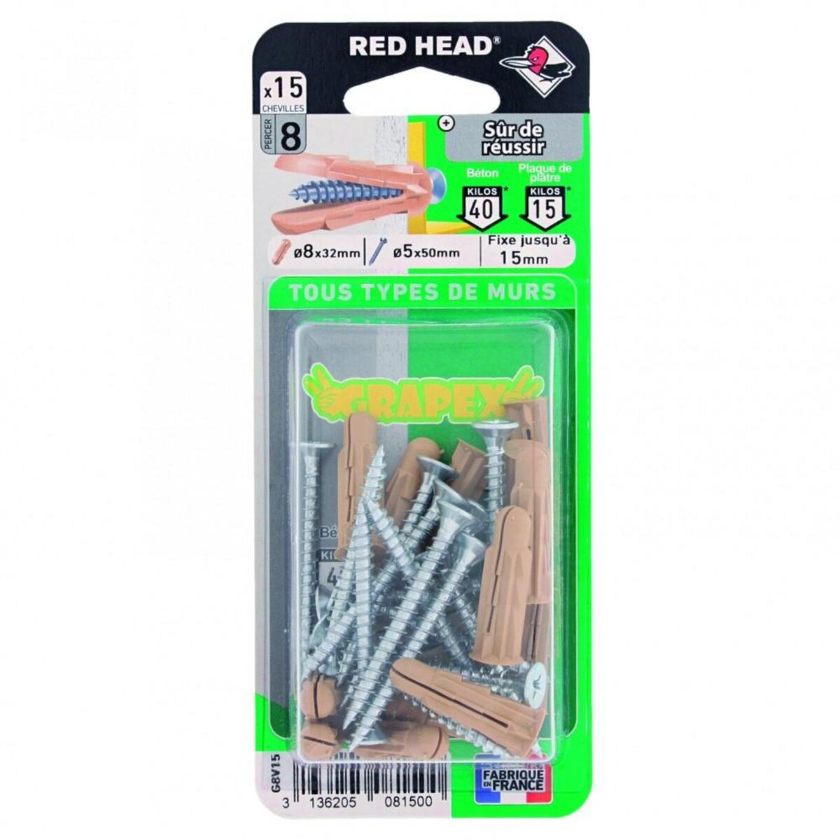 RED HEAD Lot de 15 cheville et vis BATIFIX, Diam.8 x L.32 mm