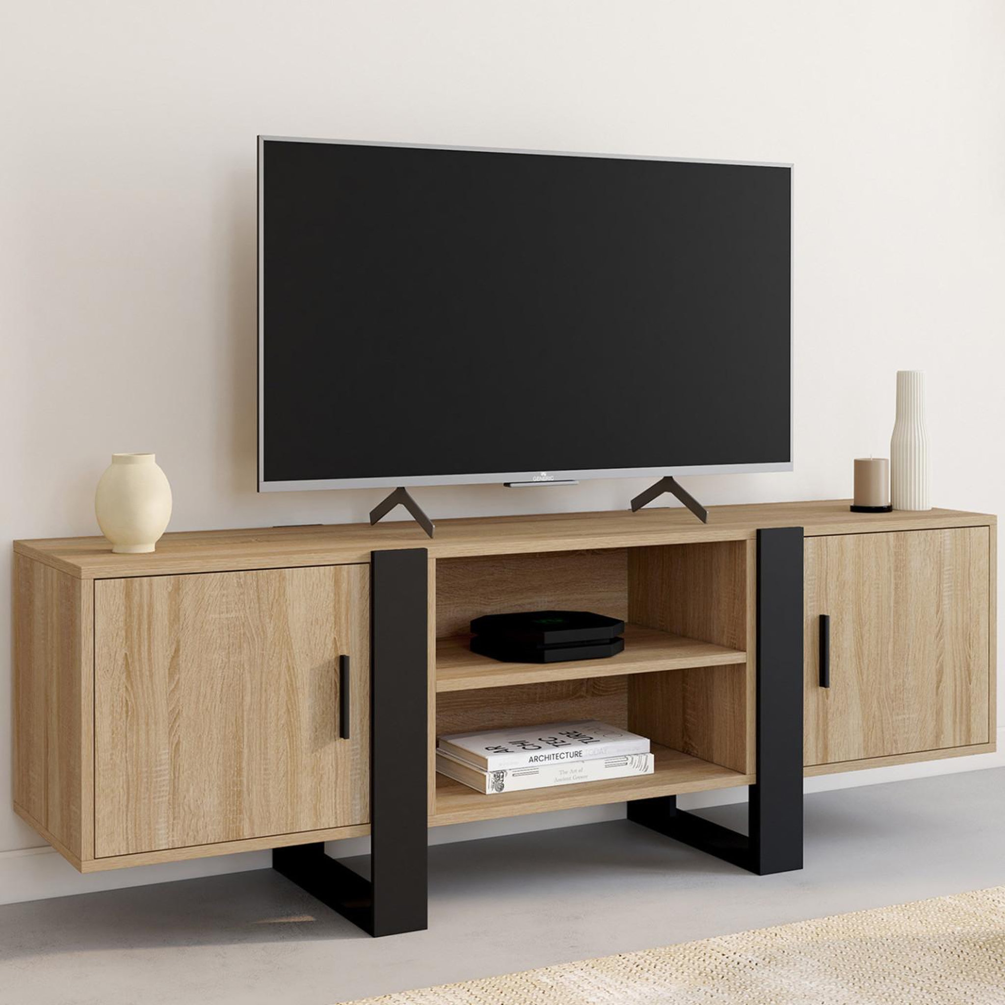 Voir la diapositive 2 : ID MARKET Meuble tv 140 cm phoenix 2 portes bois et noir