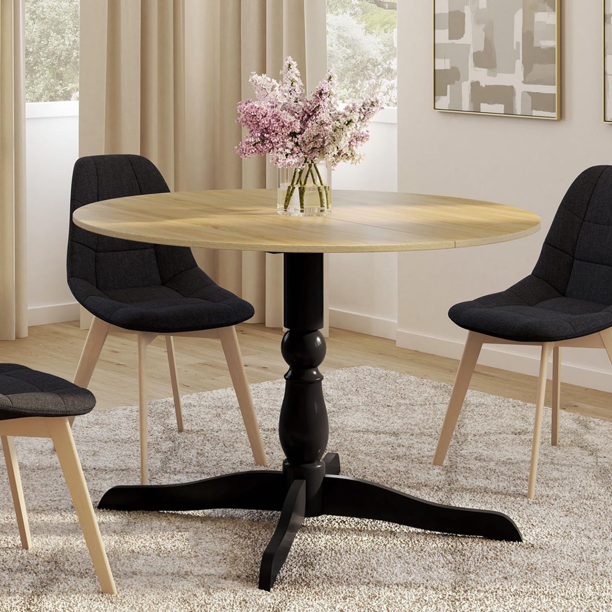Voir la diapositive 2 : ID MARKET Table à manger ronde marie 4-6 personnes bois façon hêtre et noir 110 cm