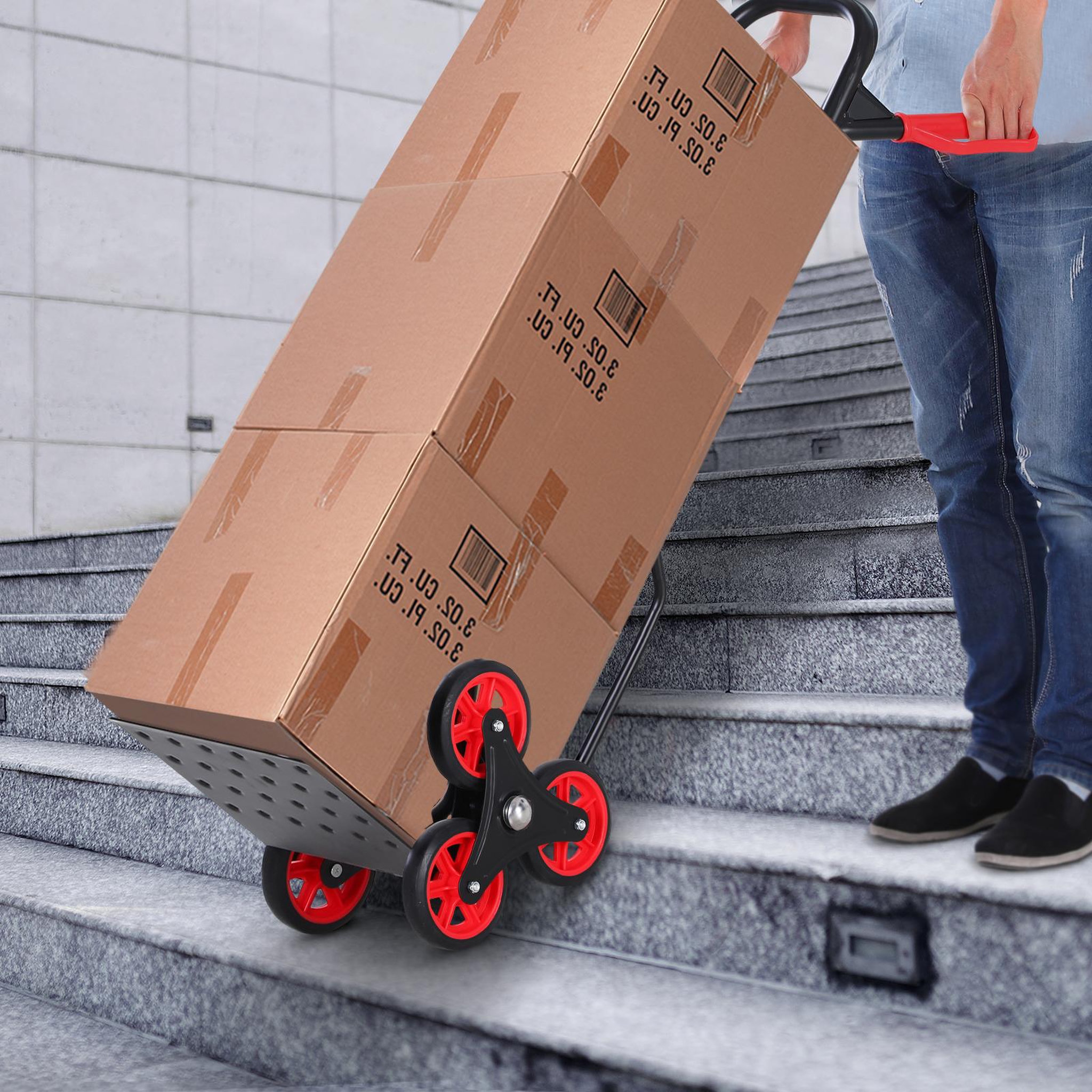 Voir la diapositive 2 : HOMCOM Diable pour escalier 6 roues diable repliable extensible 150 Kg - chariot pliable acier noir rouge