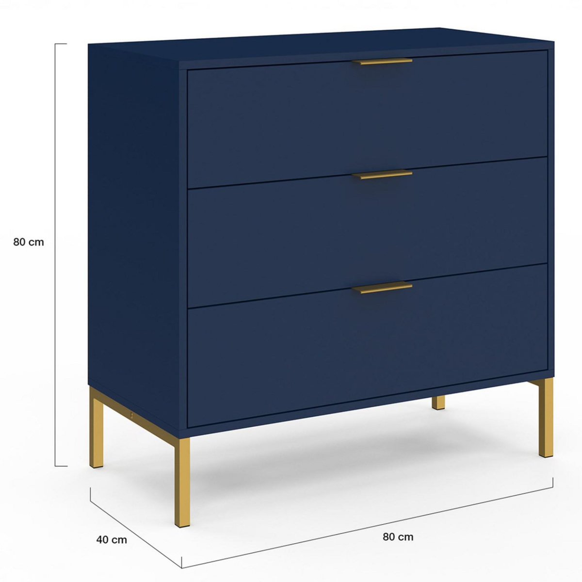 ID MARKET Commode 3 tiroirs BLENIA 80 cm bleu nuit et finitions dorées