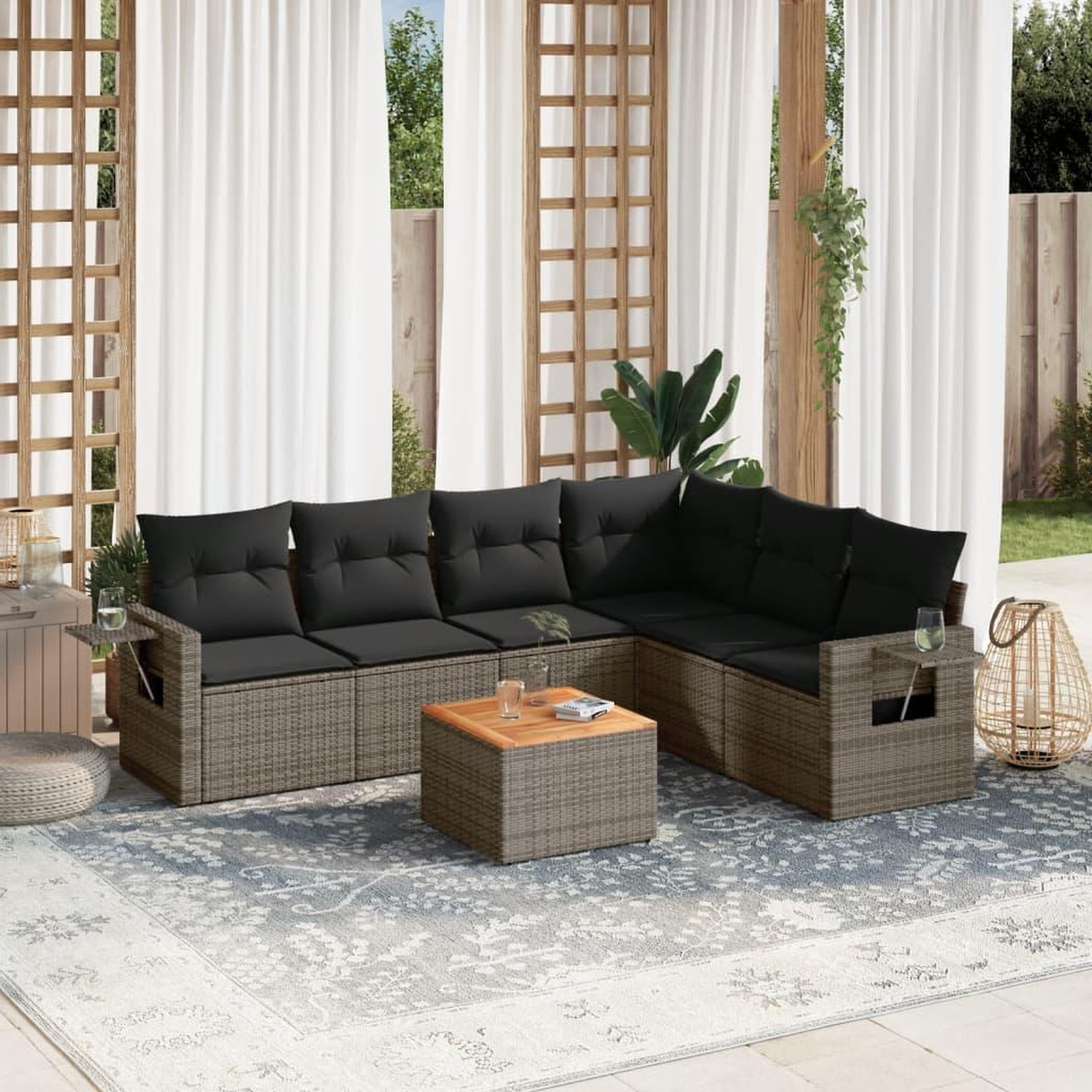 VIDAXL Salon de jardin avec coussins 7 pcs gris resine tressee