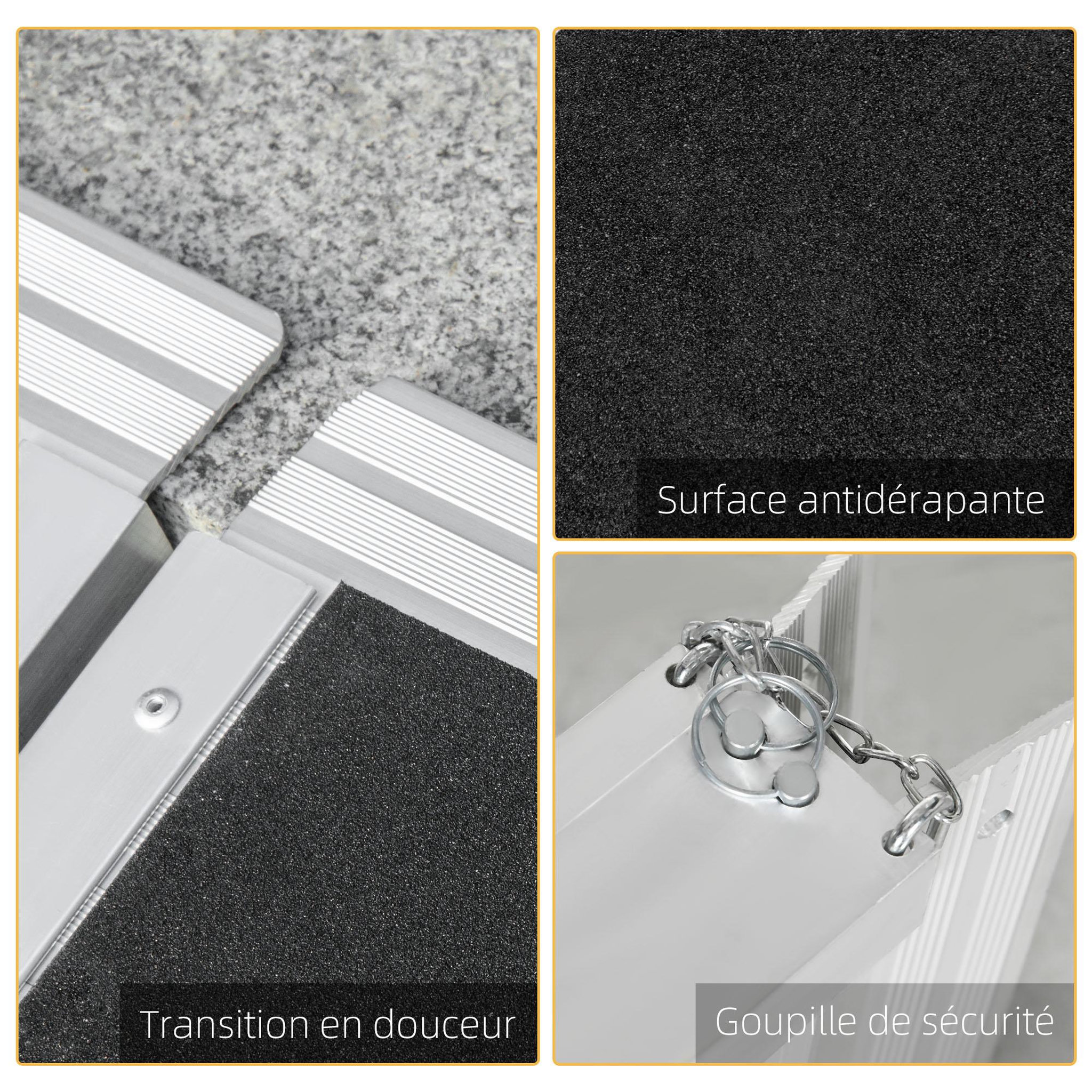 Voir la diapositive 5 : HOMCOM Rampe de fauteuil roulant rampe de chargement rampe d'accès antidérapante pliable avec bordures de sécurité max. 270 Kg alu. noir