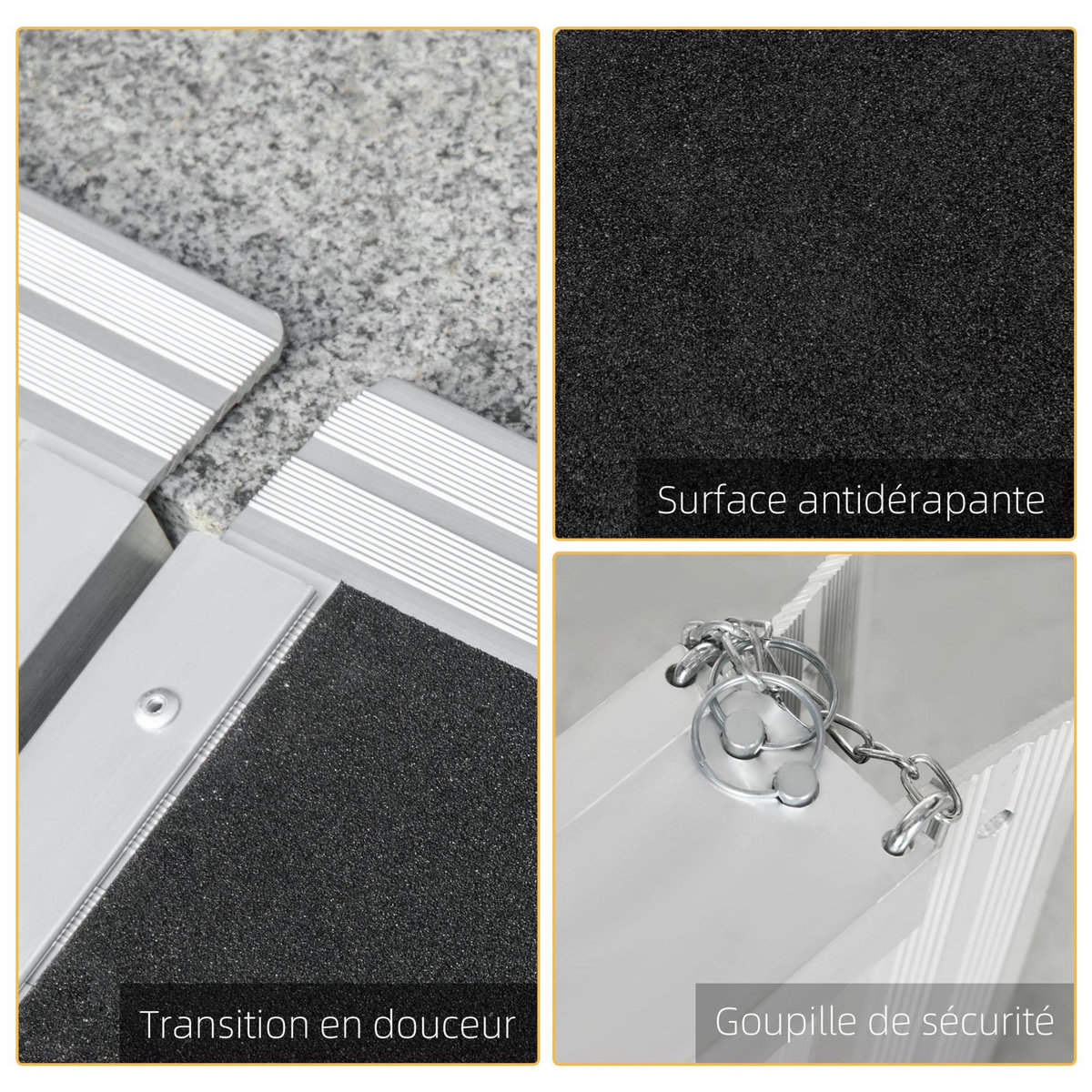 HOMCOM Rampe de fauteuil roulant rampe de chargement rampe d'accès antidérapante pliable avec bordures de sécurité max. 270 Kg alu. noir