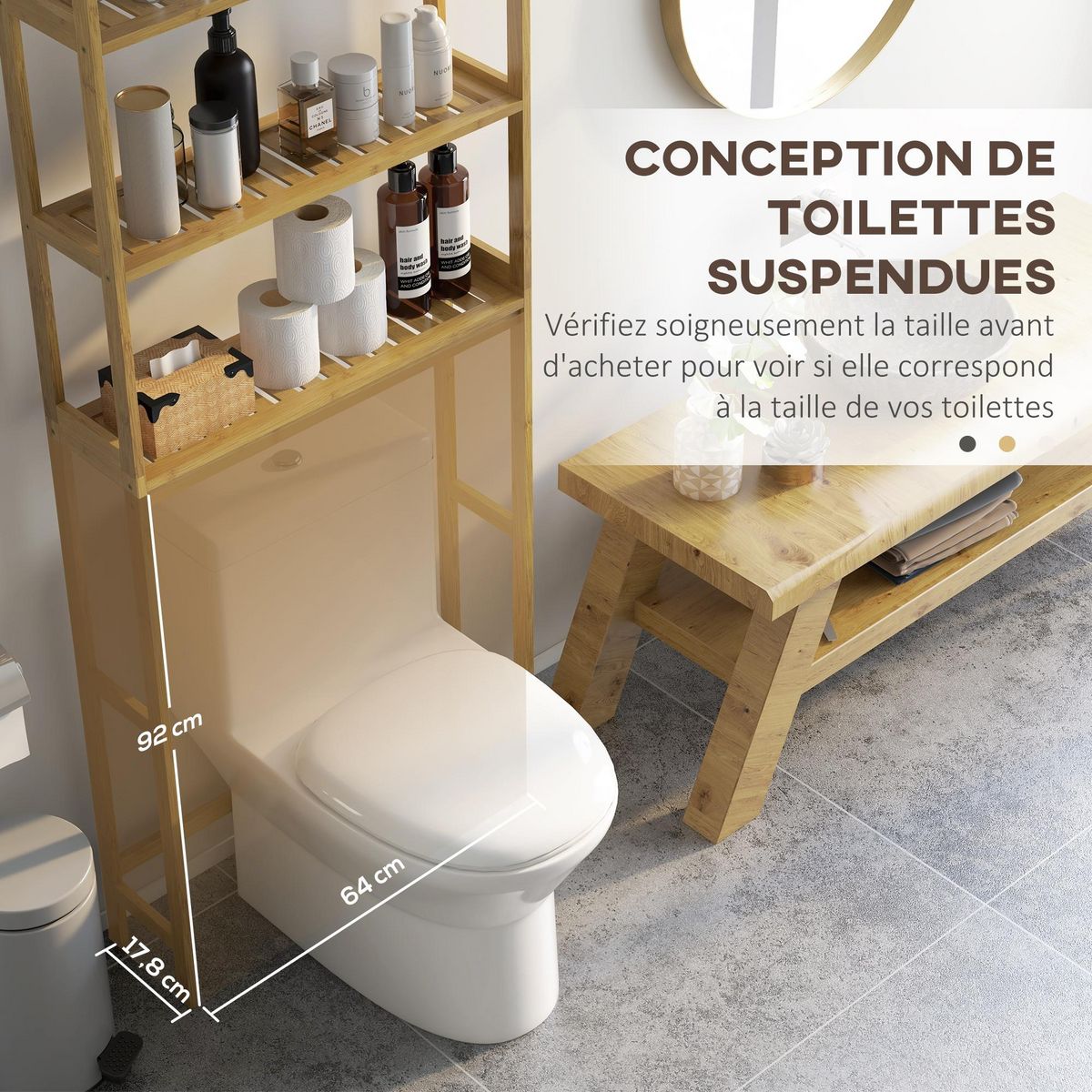 KLEANKIN Étagère de toilettes WC 3 niveaux style cosy bambou