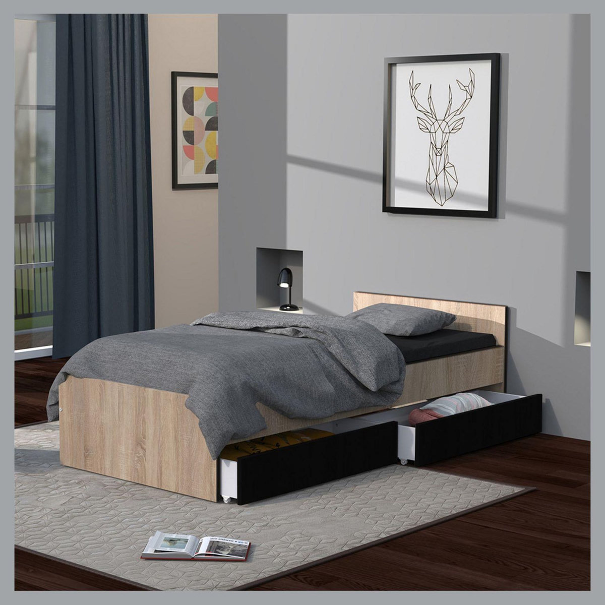 Lit avec rangements 90x190 cm, 2 tiroirs et tête de lit CAMA