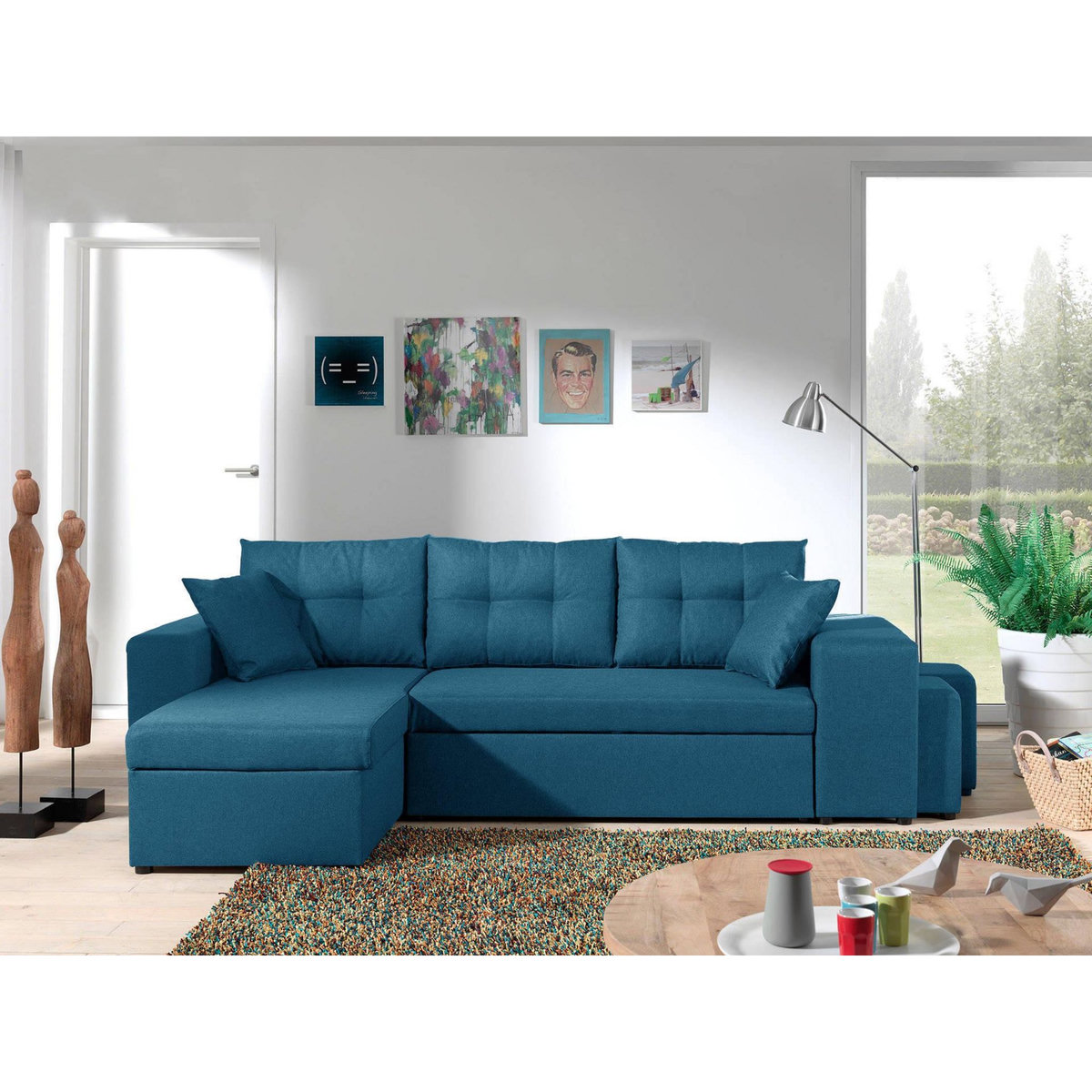 BEST MOBILIER California - canapé d'angle réversible et convertible avec coffre de rangement - bleu canard - bleu canard
