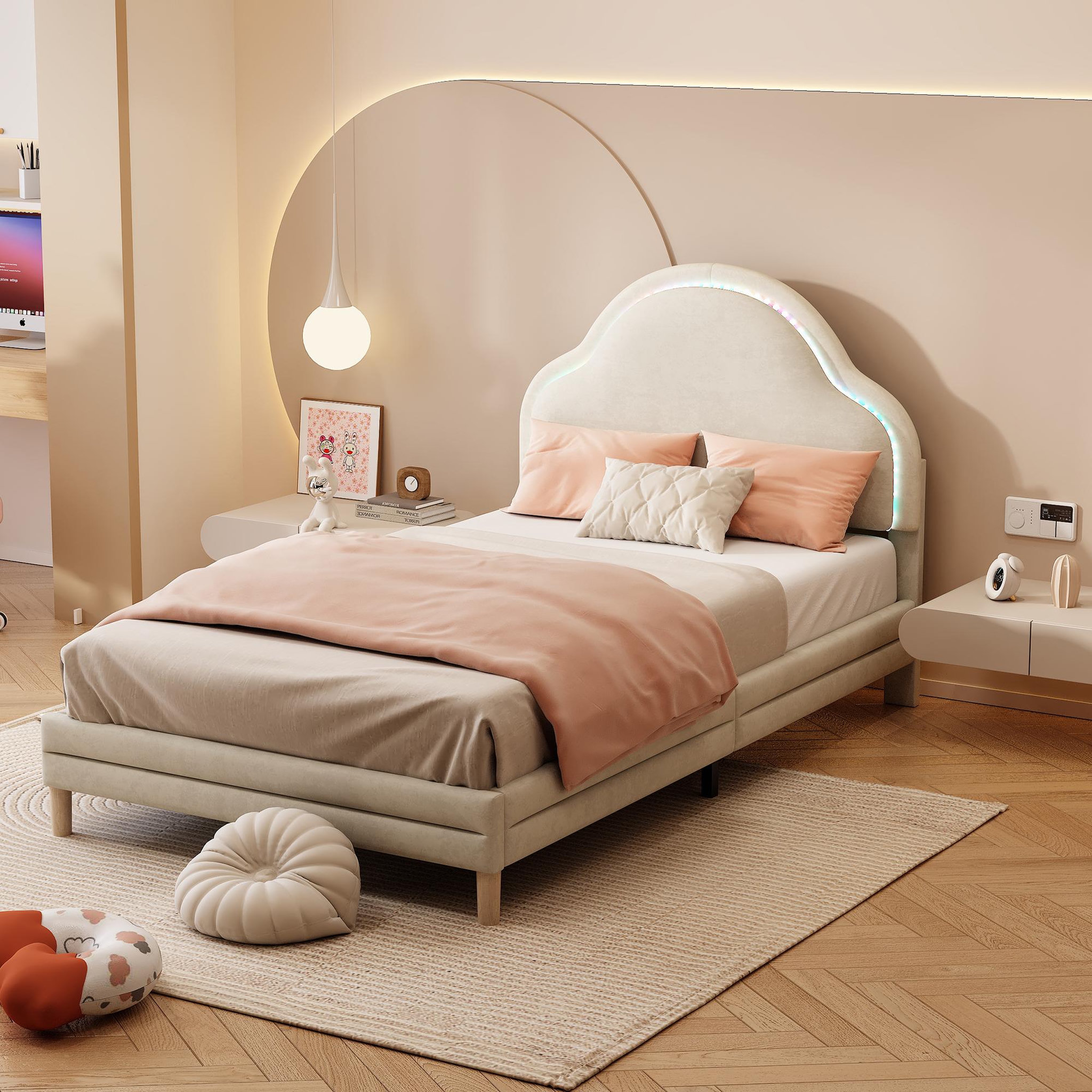 Voir la diapositive 2 : MERAX Lit simple enfant rembourré 90x200cm velours coloris beige