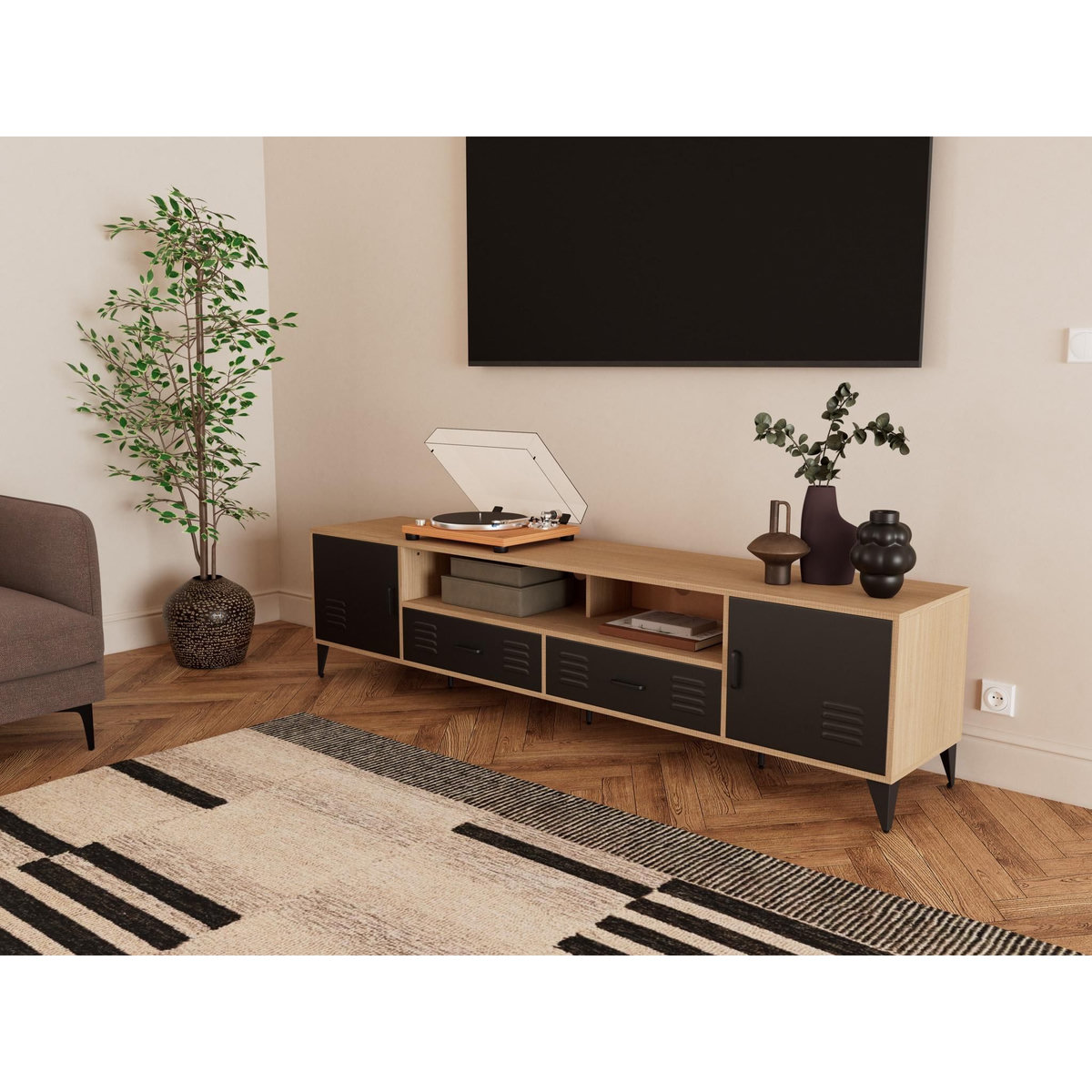 BEST MOBILIER Tribeca - meuble tv - effet bois et métal noir - 2 portes et 2 tiroirs - 200 cm