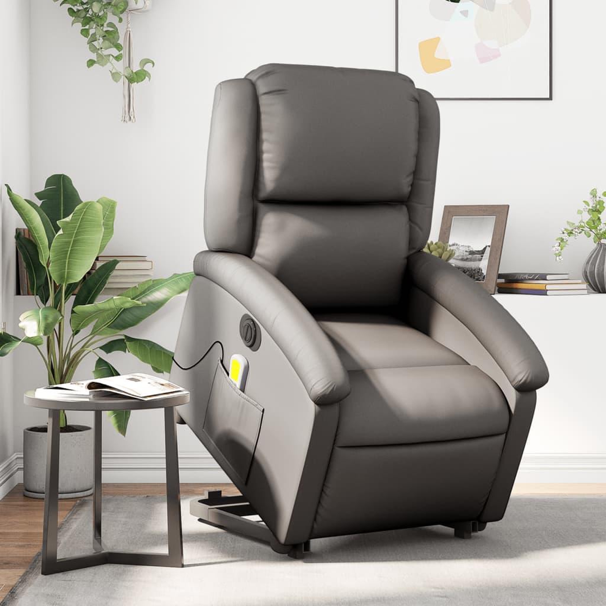 VIDAXL Fauteuil inclinable de massage electrique gris cuir veritable