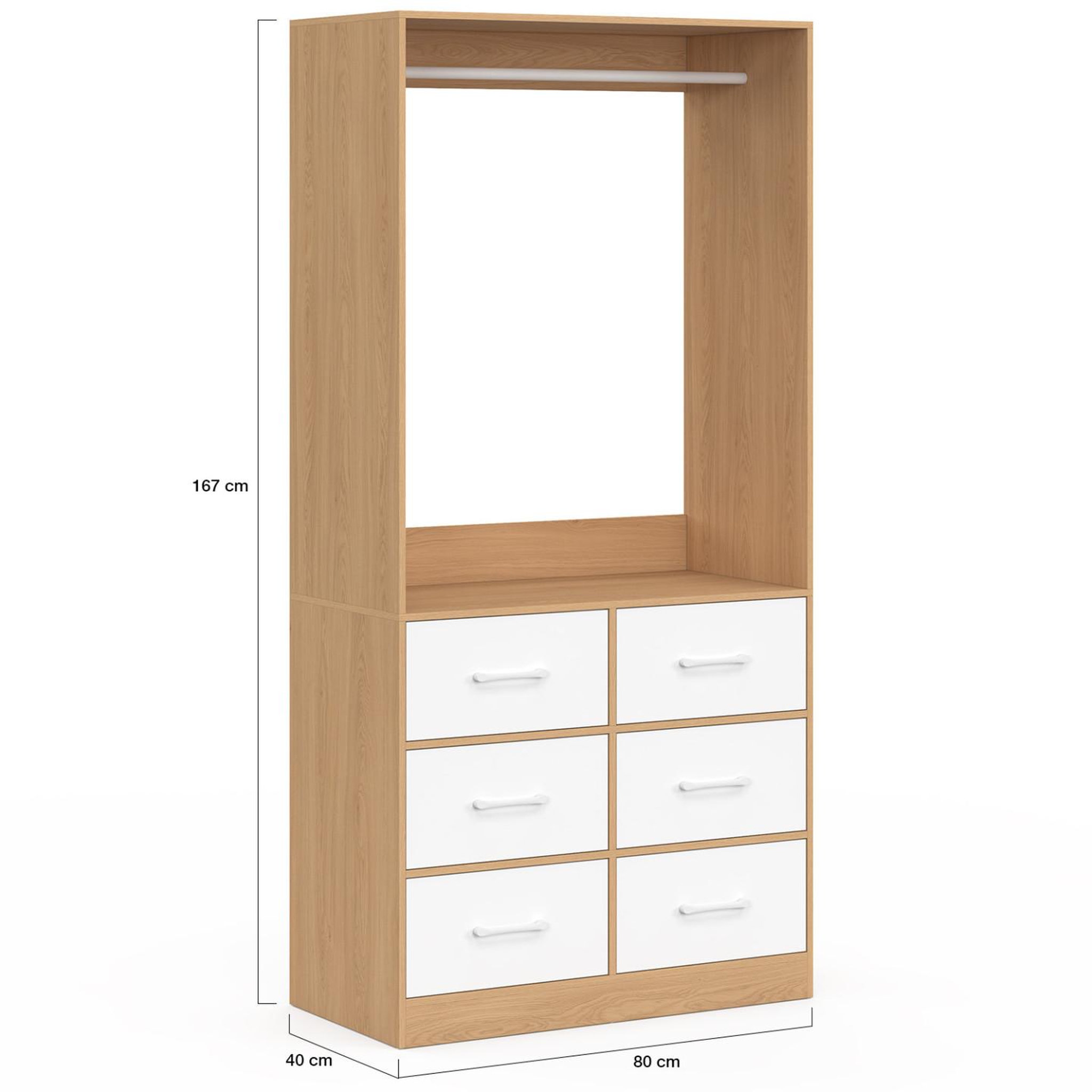 Voir la diapositive 4 : ID MARKET Dressing penderie l. 80 cm uppah avec 6 tiroirs bois façon hêtre et blanc